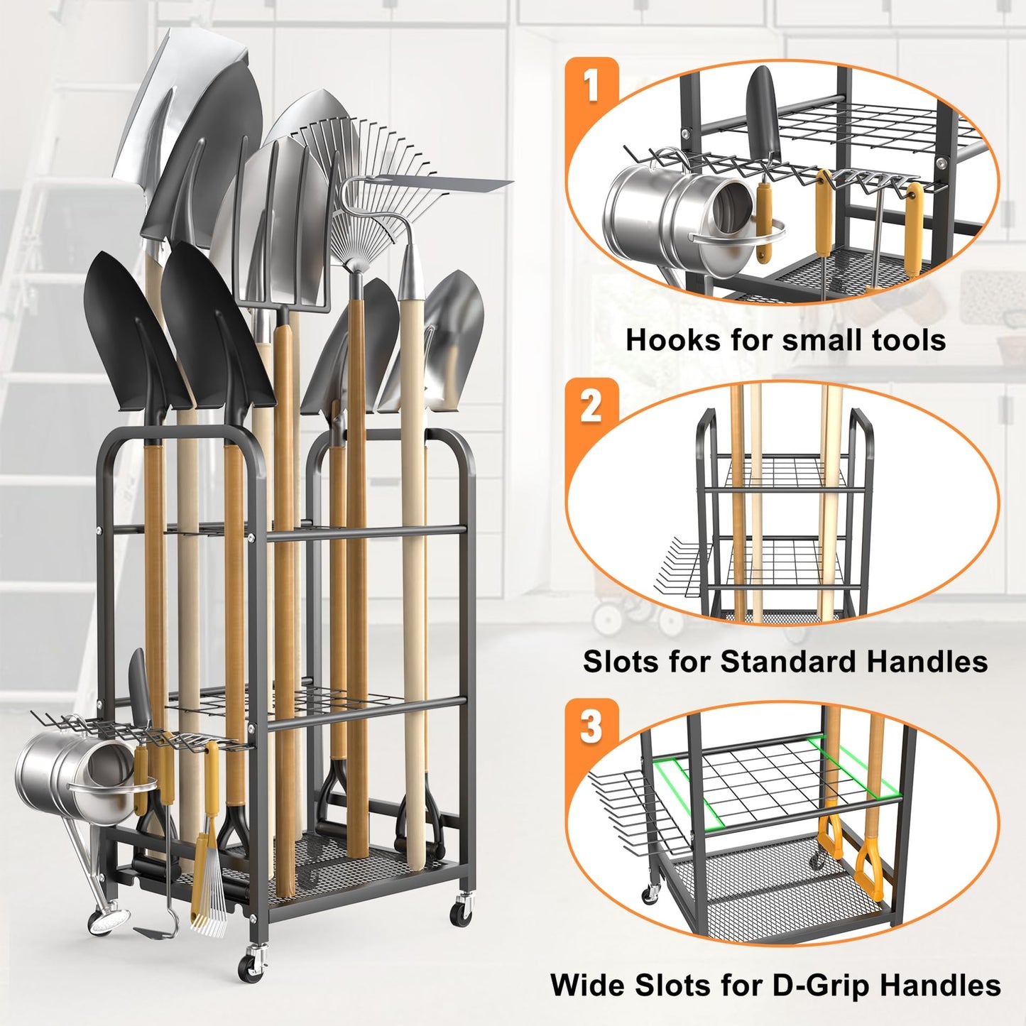 TORACK Garden Tool Organizer Stand with Wheels, Rakes Shovels Yard Tools Stand for Garage, Shed, Garden, Indoor/Outdoor Long-Handled Tools Cart