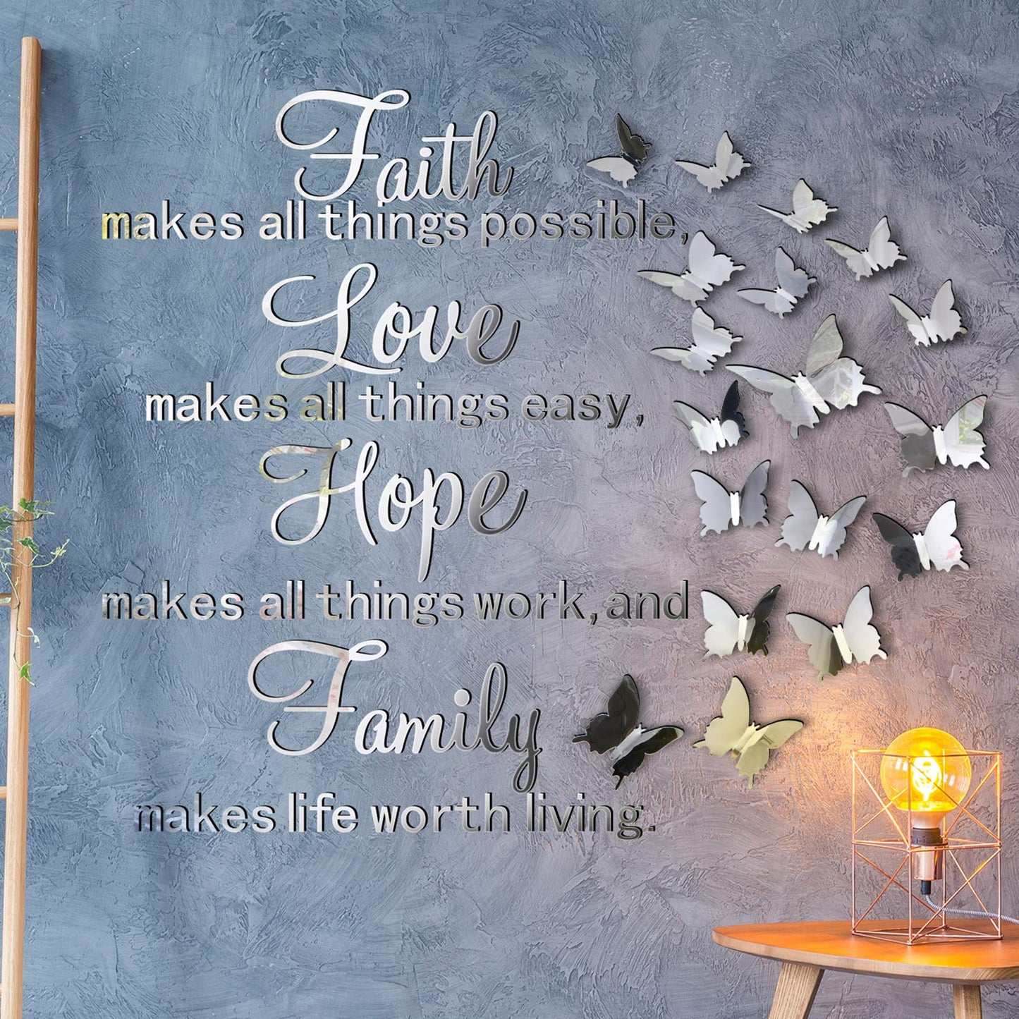 3D Acrylic Mirror Wall Decor Stickers Removable Butterfly Mirror Wall Stickers DIY Faith Makes All Things Possible for Home Office School Teen Dorm Room Decoration(Silver)