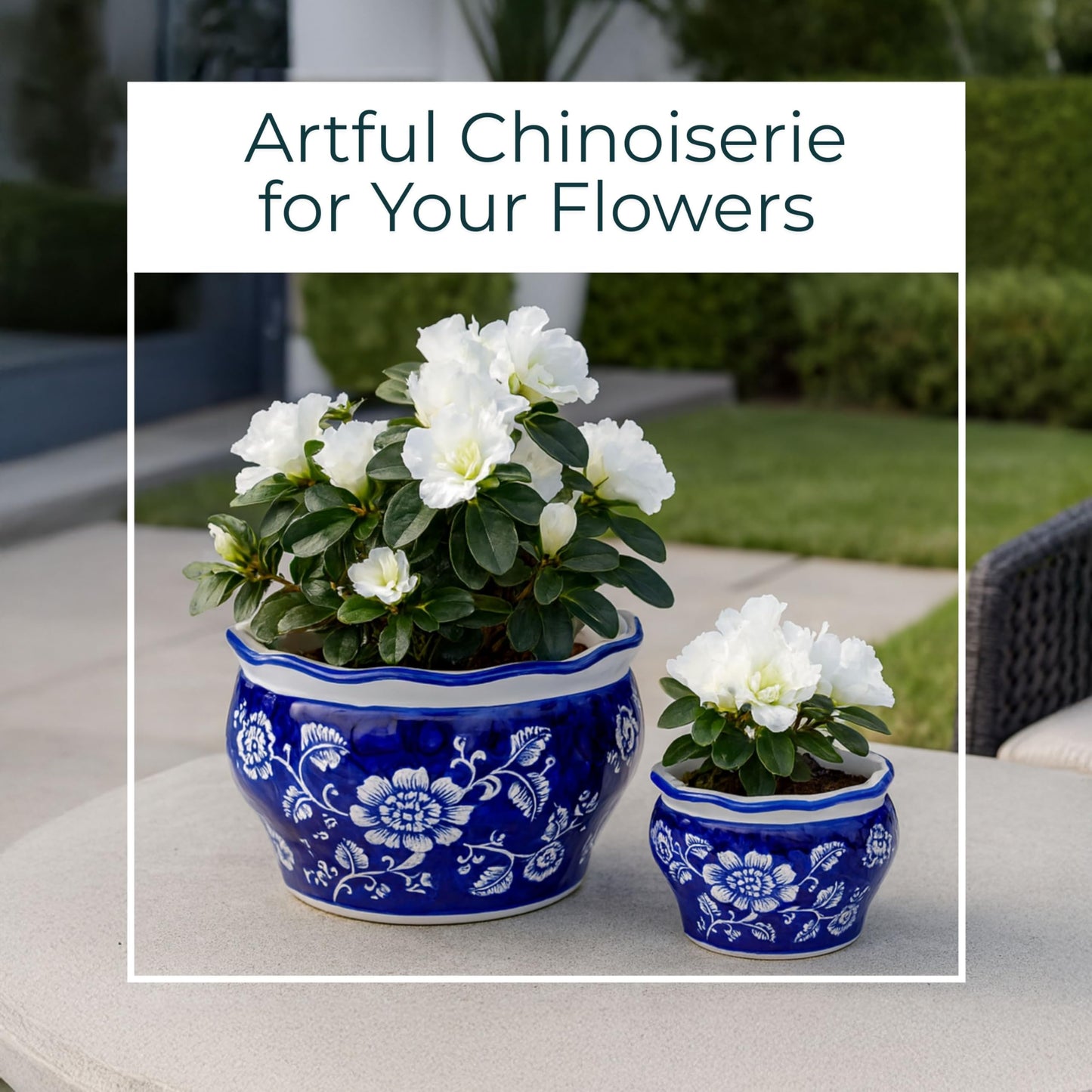 Set of 2 Round Chinoiserie Decorative Ceramic Planter Pots – Stoneware Outdoor & Indoor Plant Pots with Drainage – Modern Garden & Home Decor Planters – 6" & 5", Blue & White