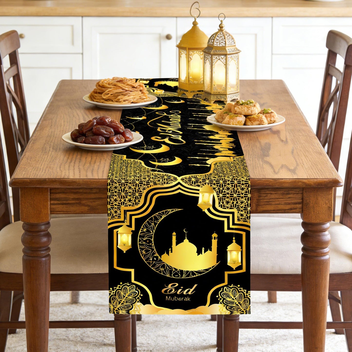 Ramadan Mosque Linen Table Runner: Black and Gold Mosque Moon Tablerunner Muslim Eid Al-fitr Eid Mubarak Perfect for Ramadan Party Home Kitchen Dining Mantel 13×72Inches(1 Pcs)