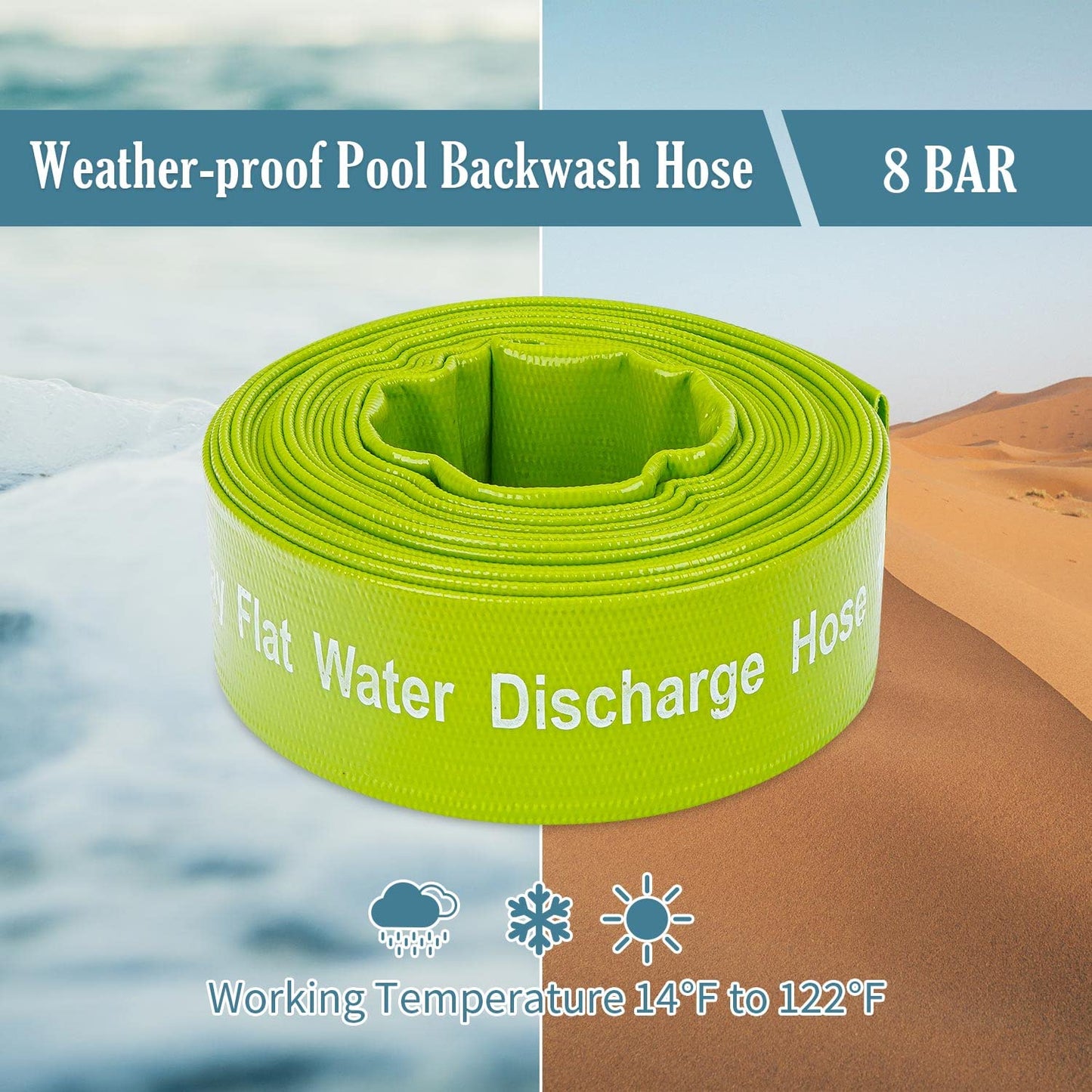 Green Expert 1.5 Inch ID PVC Lay-Flat Discharge Hose Sump Pump Accessory, 25 ft Basement Drain Hose for Water Removal, Steel Clamp Kit Included