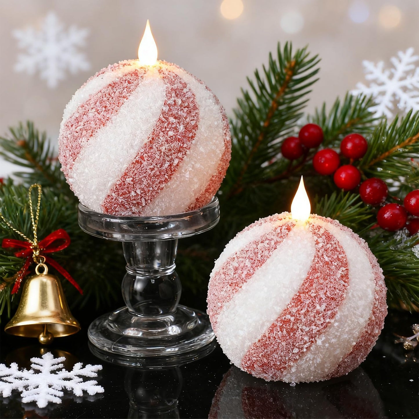 Baquler Set of 2 Christmas Candy Light Indoor Flameless Candles LED Candy Cane Light Xmas Red and White Glitter Ball Battery Operated Candles for Xmas Gift Holiday Party Room House Home Table Decor