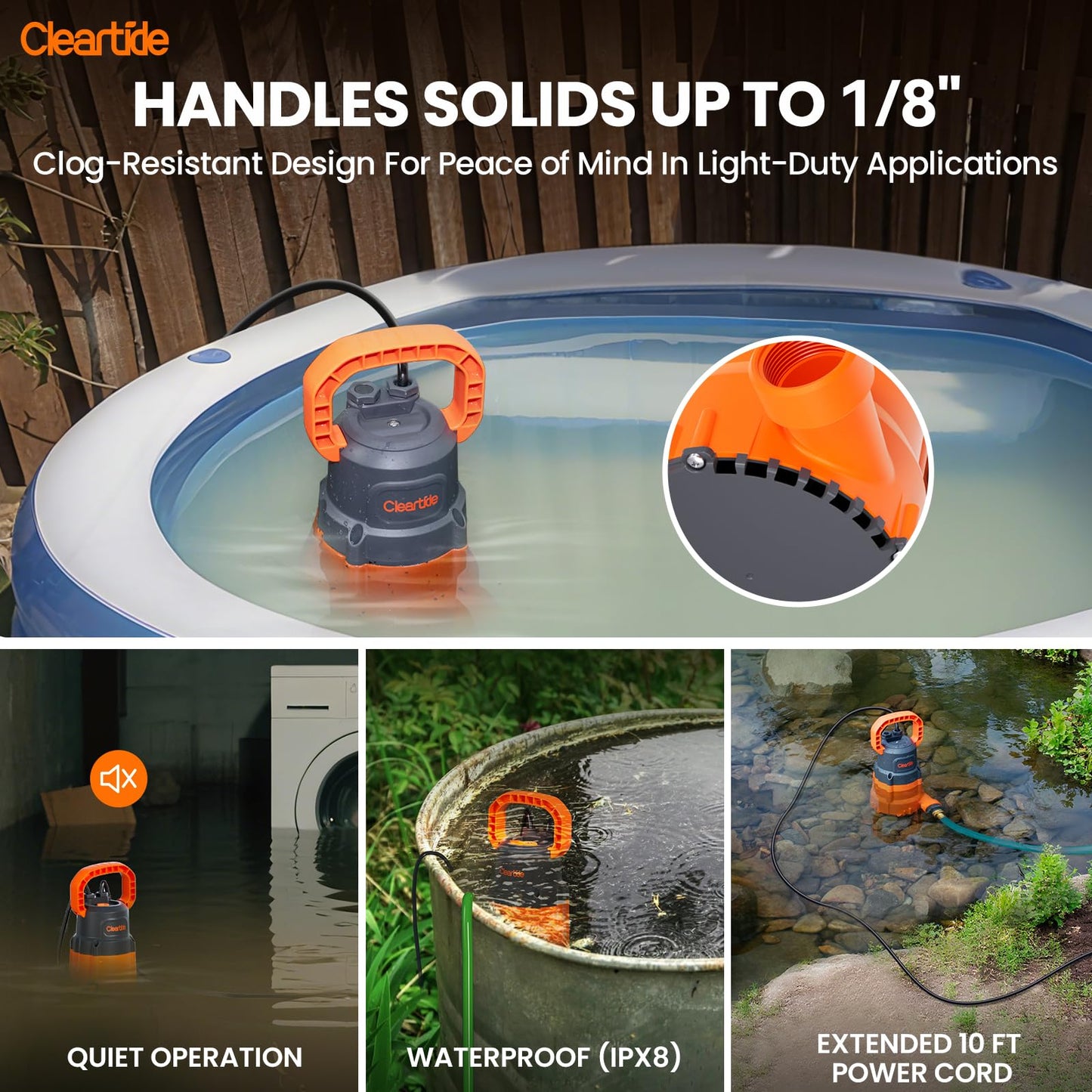 Cleartide Utility Pump, 8160 LPH Submersible Water Pump for Pool Draining, Hot Tub, Basement, 100% Copper Motor, Electric Drain Pump Handles 1/8" Solids, 10 FT Cord