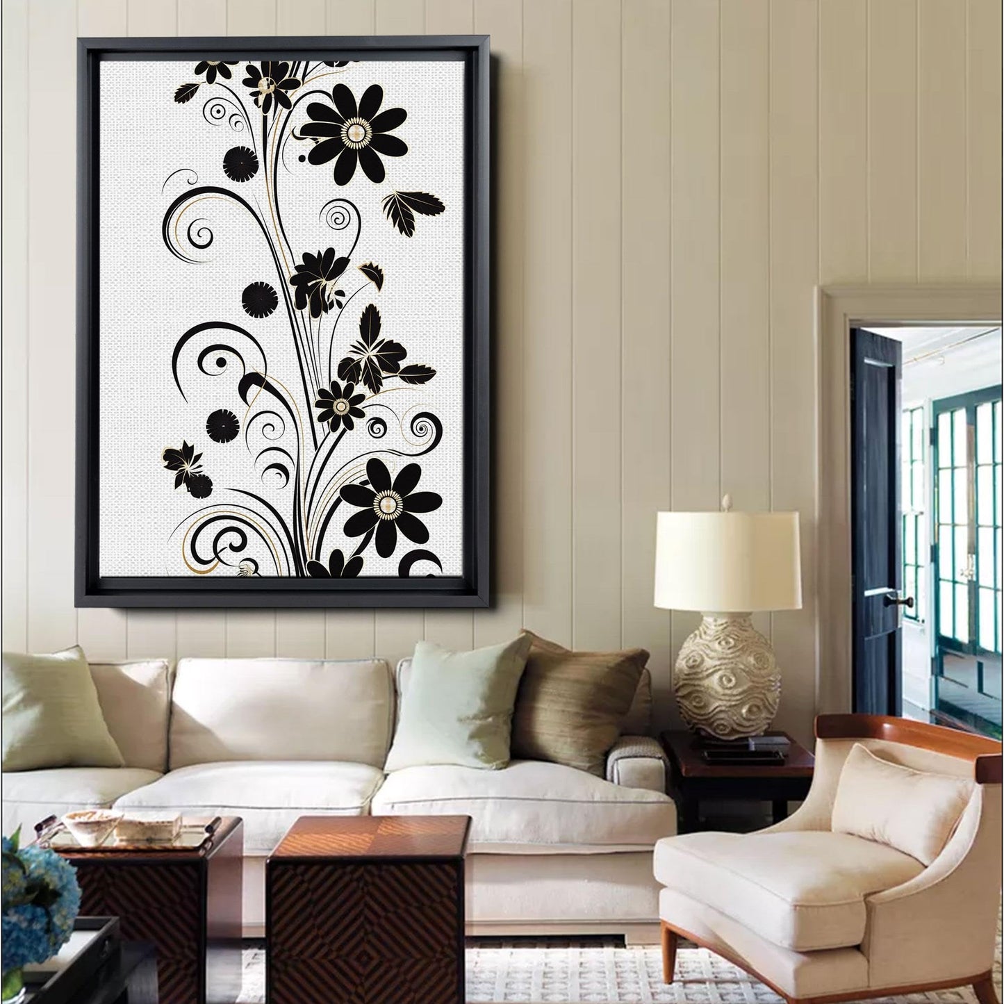 Scandinavian Folk Art, Black and Beige Abstract Botanical Wall Art for Scandinavian Home Decor