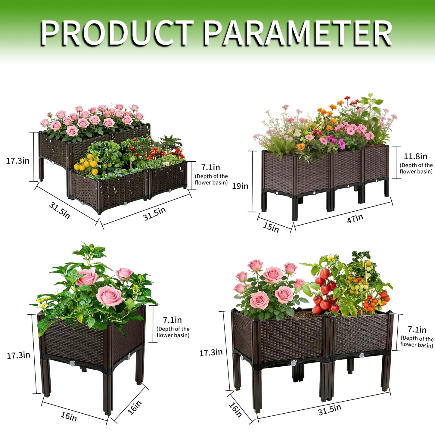 DYNAAGE Outdoor Planter Raised Bed, Garden Terrace Balcony Planting Rack, Drainage Holes, Detachable, Modular Assembly, 300-lb Capacity, Durable, Ideal for Vegetables, Flowers, and Herbs(Shallow-2)