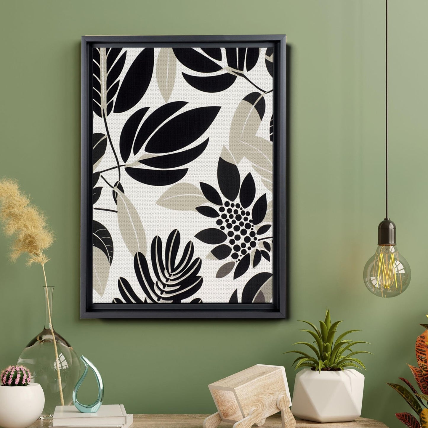 Scandinavian Folk Art, Black and Beige Abstract Botanical Wall Art for Scandinavian Home Decor
