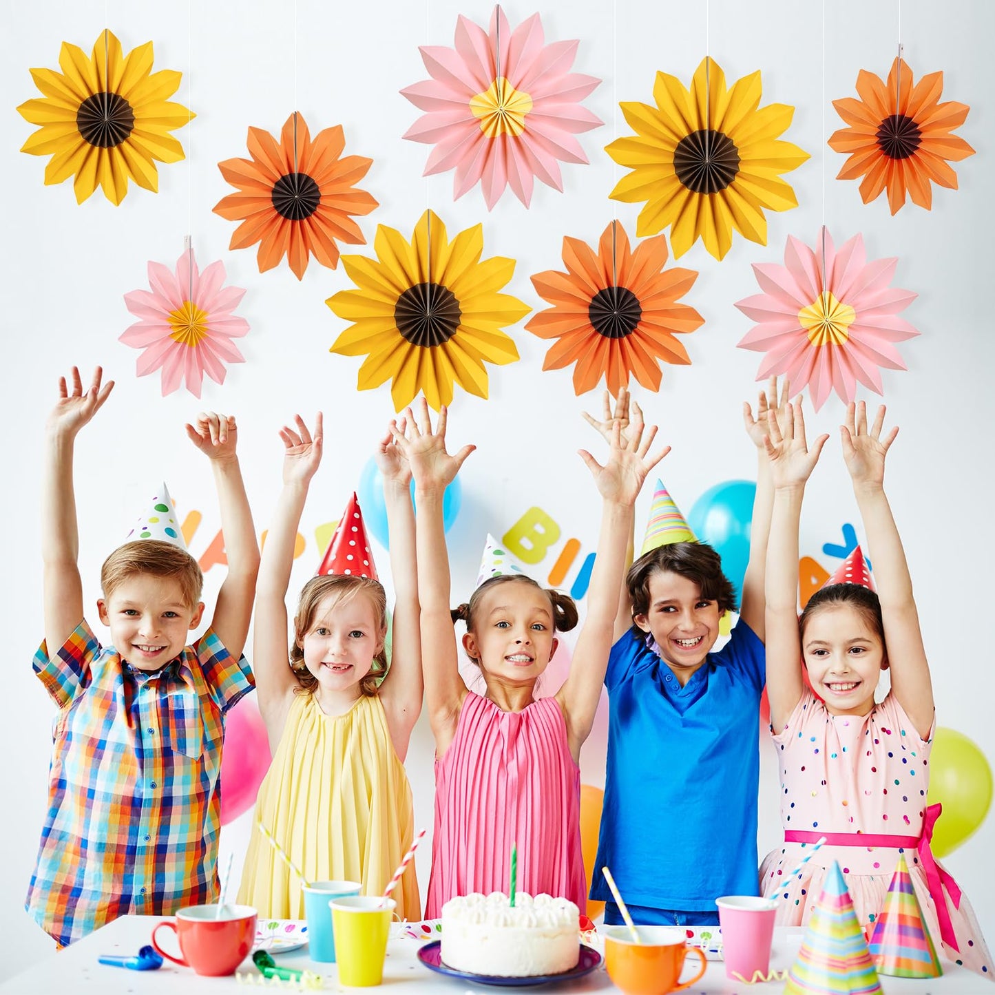 PAPER JAZZ Sunflower Party Decorations: 9 Sunflower Paper Fans & Flower Garlands, Summer Orange Pink Sunflowers, Wedding & Baby Shower Decor