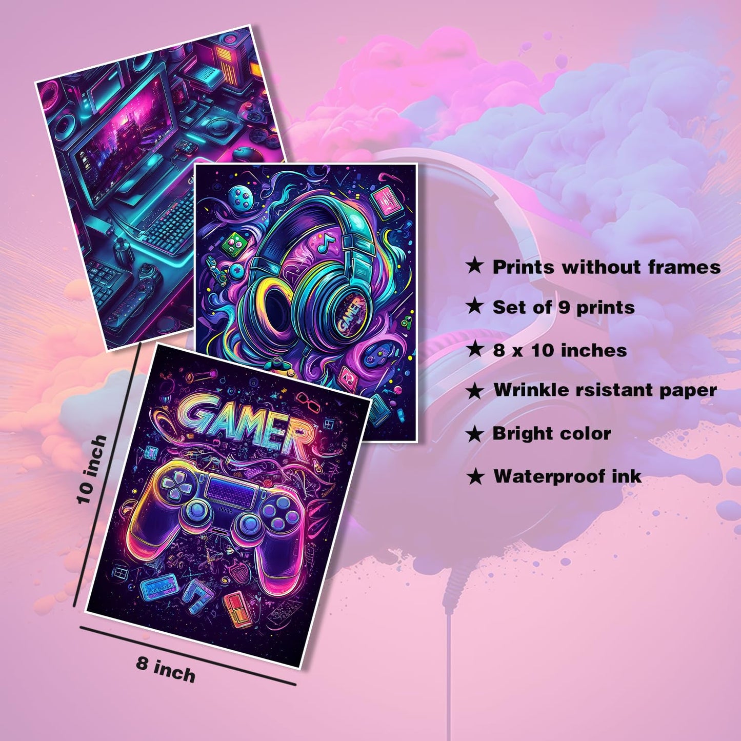 Gaming Room Canvas Wall Art Set of 9, Game Posters Wall Decor, Gamer Paintings Picture Print for Boys Room Kids Game Room Bedroom Boys Home Decoration 8x10In Unframed