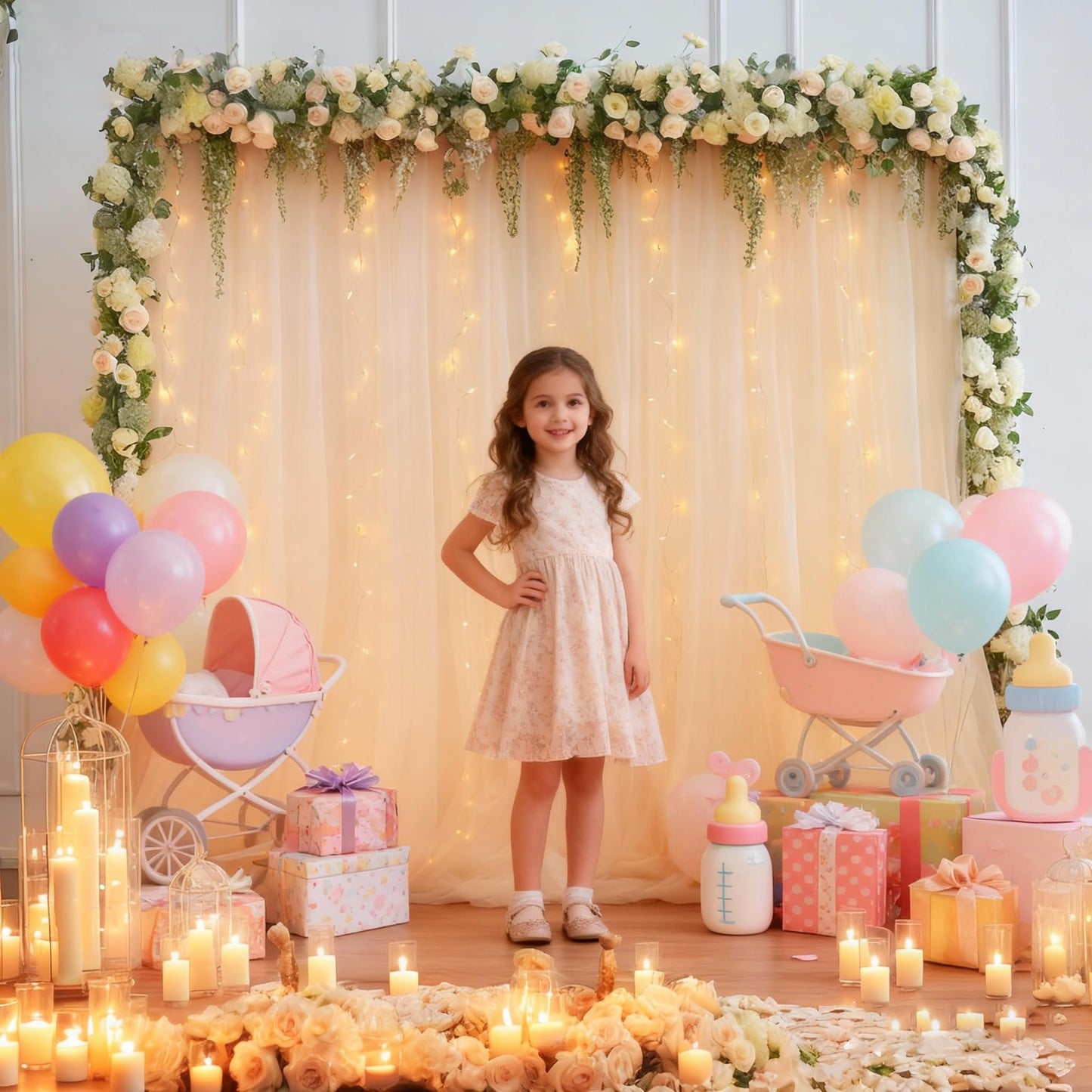 10x10ft Champagne Tulle Backdrop Curtain with Lights String for Parites, Sheer Photo Backdrop Curtains for Wedding Ceremony Bridal Shower Baby Shower Birthday Party Photo Shoot Background Decorations