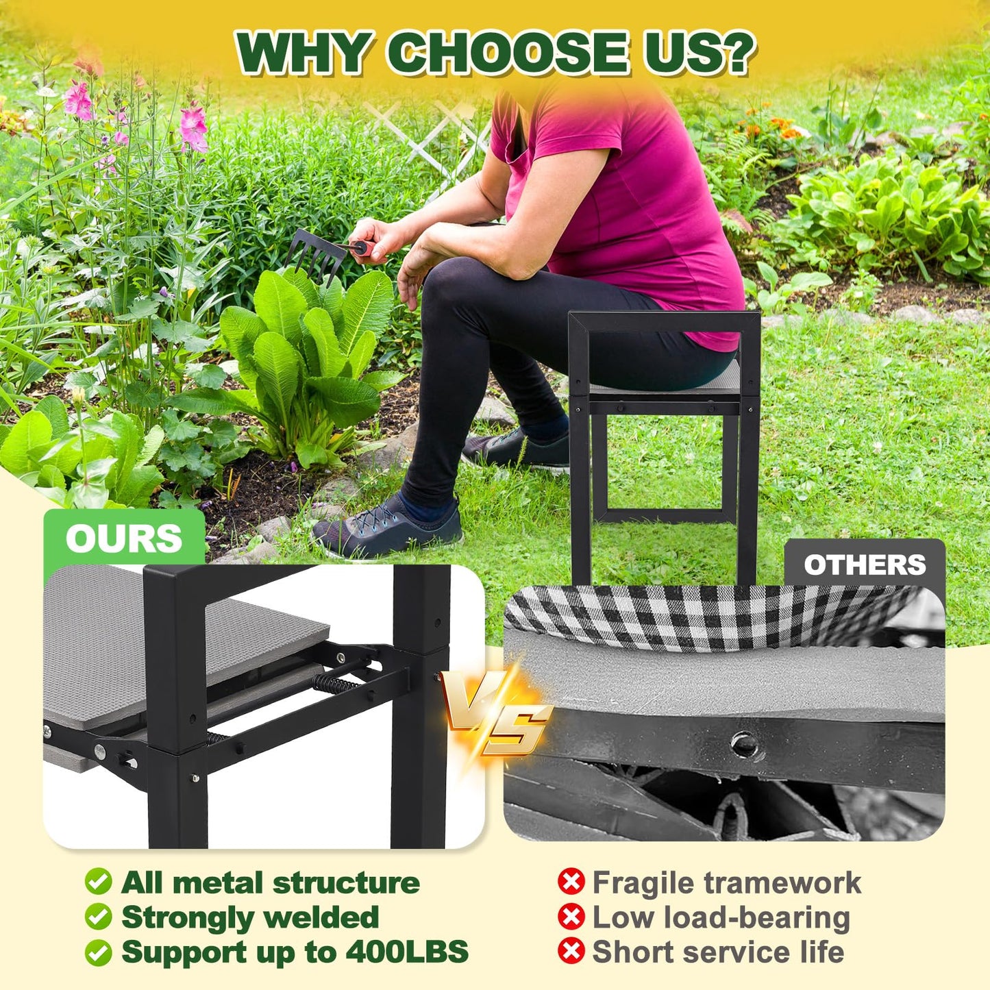 Garden Kneeling Stool Foldable, 2-in-1 Portable Kneeler and Seat with 12.6" Extra Wide Thickened Cushion, Comfortable for Gardening, Weeding, Outdoor Use - Support Up to 330lbs, Lightweight & Sturdy