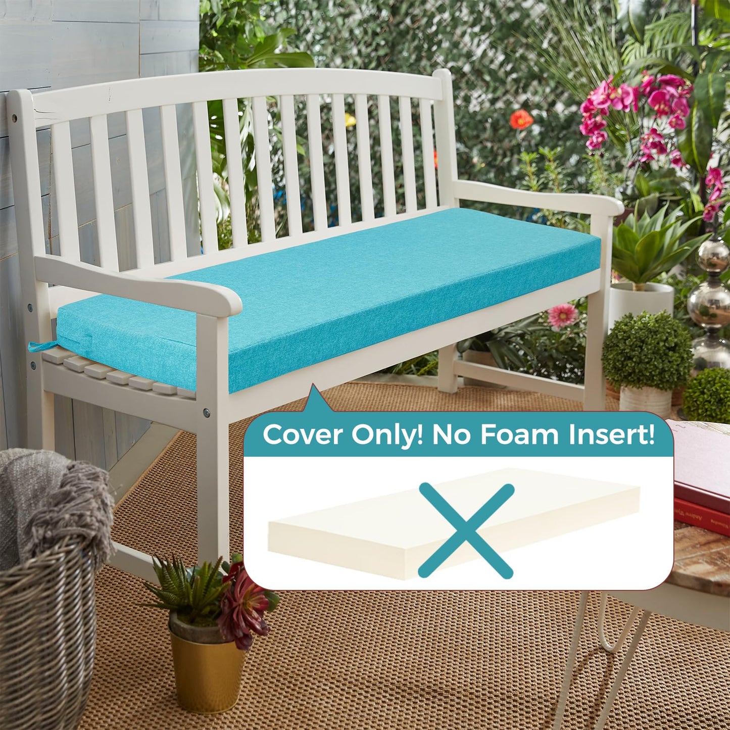 IN4 Care Outdoor Bench Cushion Cover for Patio Furniture,45x18x3 Inch, Water Resistant Swing/Loveseat Cushion Slipcover with Ties for Balcony Porch Garden (Replacement Cover Only), Aqua Blue