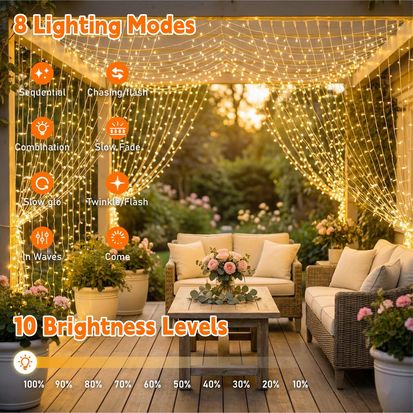 SINAMER Curtain Light for Bedroom, 200LED 6.6x6.6ft Warm White Window Wall Hanging Fairy Curtain String Light, 8 Modes Remote Fairy String Lights Indoor for Wedding Party Home Garden Decorations