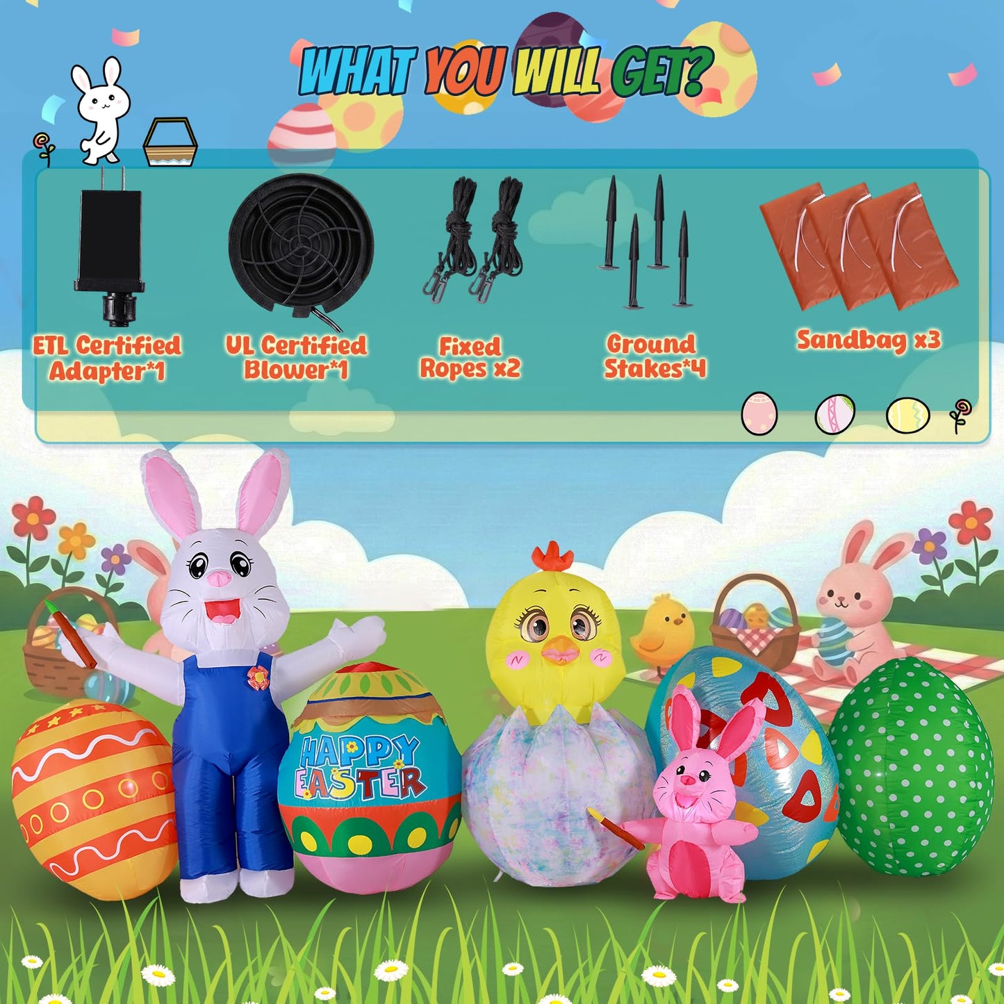KISSUNY Easter Inflatable Outdoor Decoration, 11.5 FT Wide White Bunny with Chick and Easter Eggs, Built-in LED Lights, Blow Up Yard Decor for Lawn and Garden