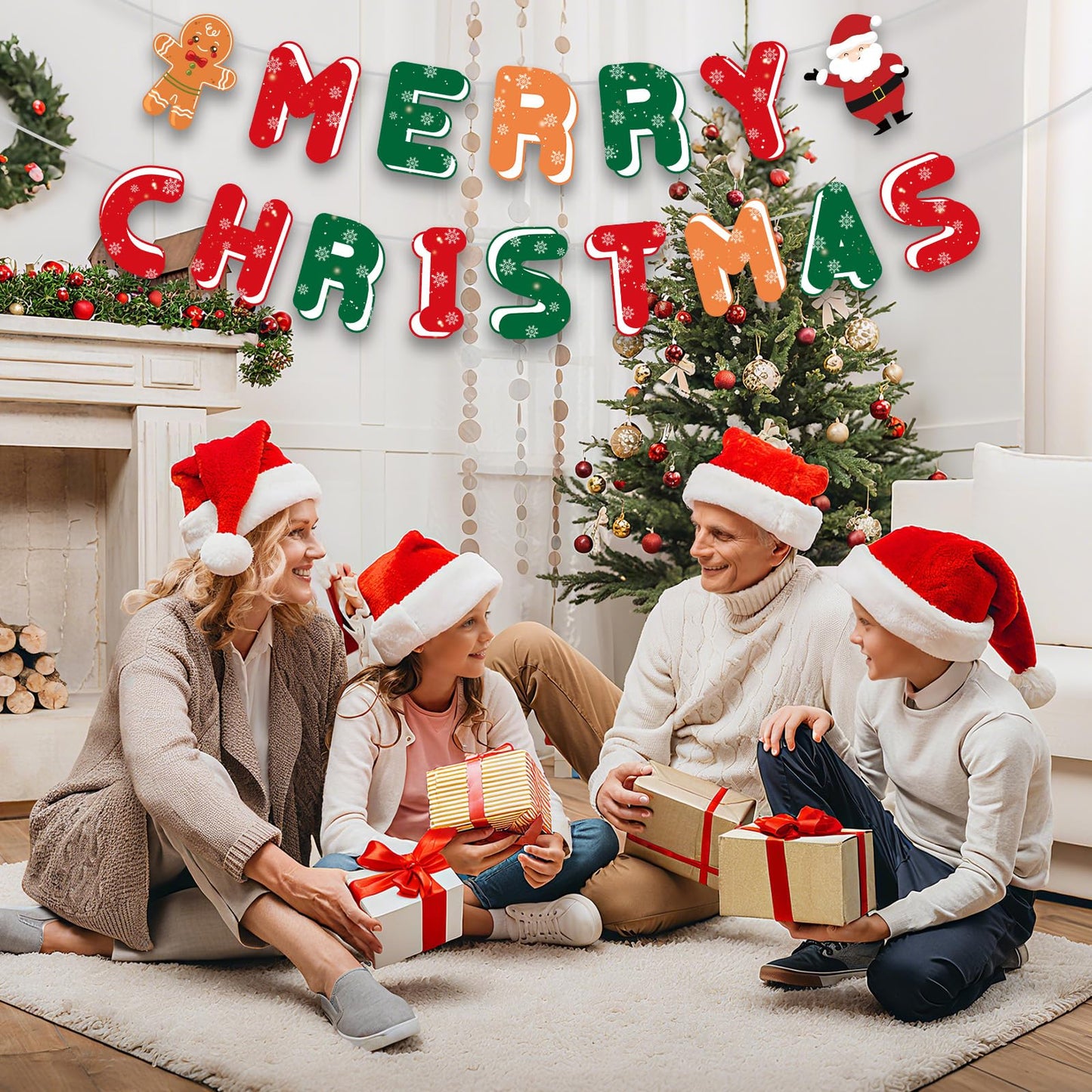 Merry Christmas Decorations Banners - Paper Christmas Banner, Santa Claus Reindeer Sign Garland Backdrop for Winter Xmas Indoor Outdoor Home Office Fireplace Wall Party Decor Supplies Favors Props