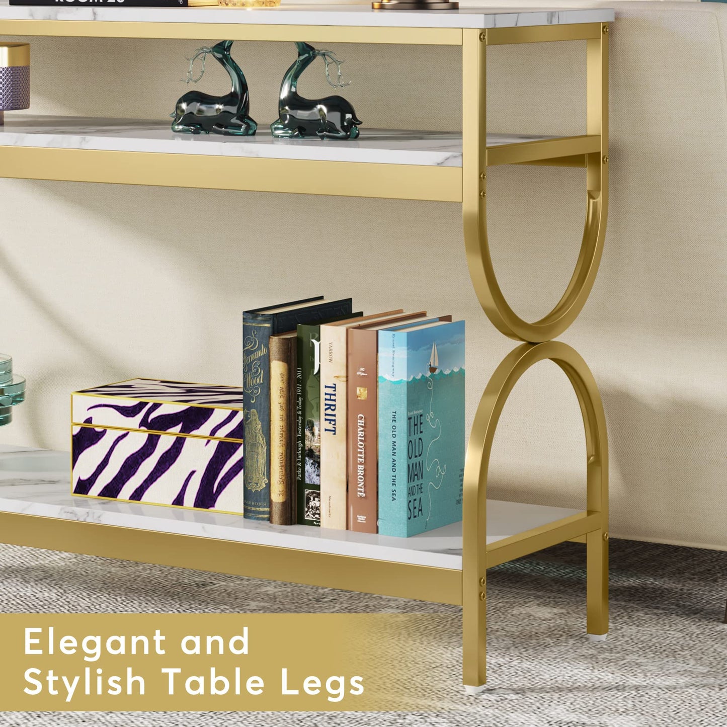 Tribesigns 3-Tier Console Table, 55 inch Sofa Table with Open Storage Shelves, Narrow Long Hallway/Entryway Table with Faux Marble Top for Home Living Room Entryway, White & Gold