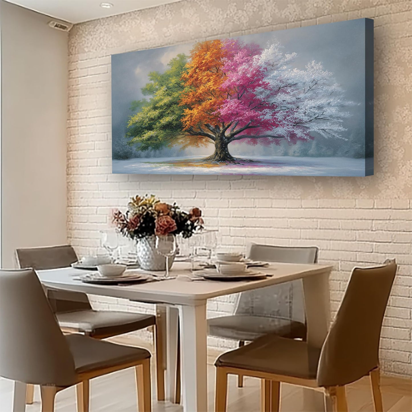 Abstract Four Seasons Tree Picture Print Canvas Wall Art Living Room Dining Room Office Study Bedroom Wall Decor Wall Art Prints Modern Style Artwork Waterproof Ready to Hang - 20x40 Inch