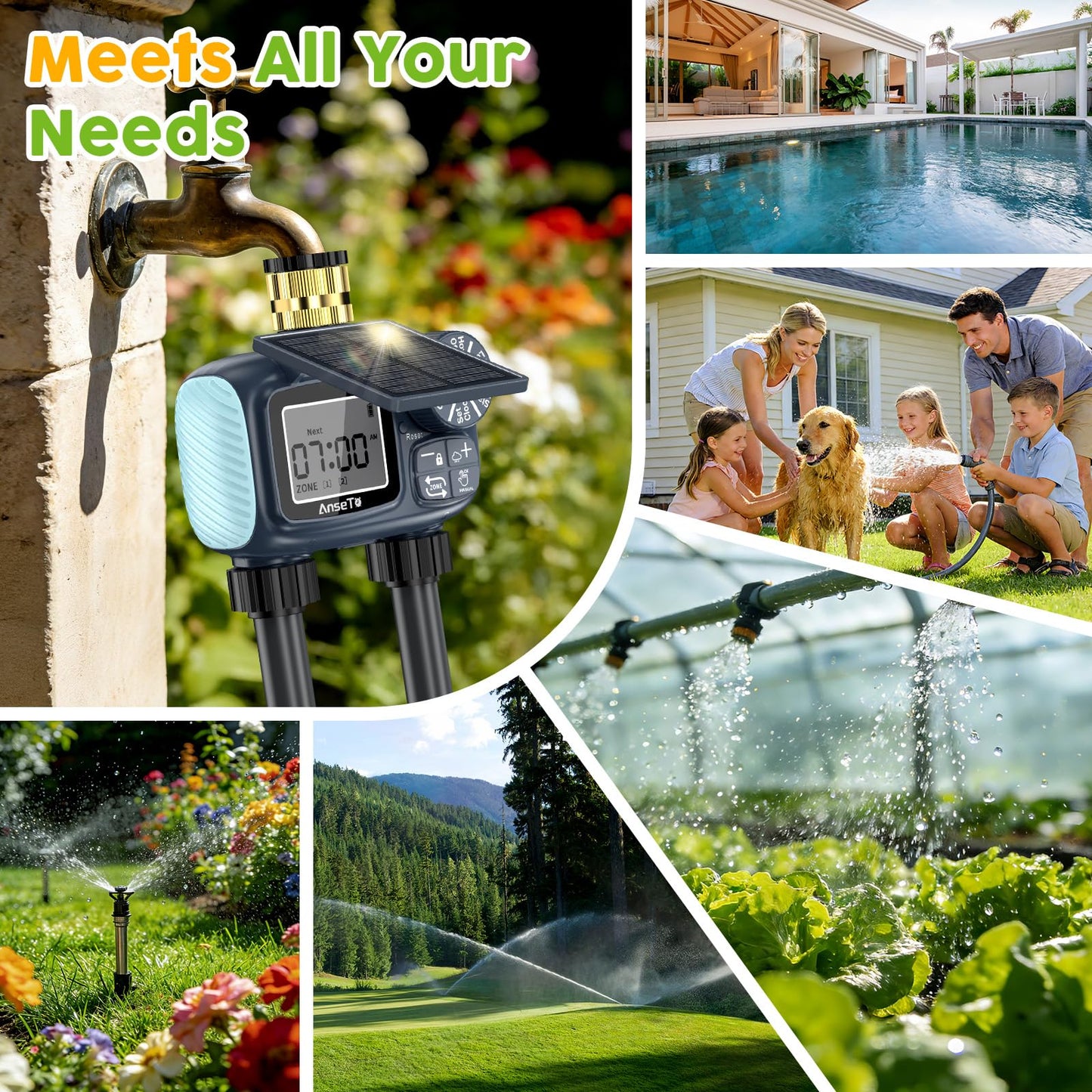 AnseTo Solar Sprinkler Timer,Brass Inlet Hose Timer for Garden Hose,Programmable Water Timers,Plant Watering Devices,Garden Watering System, Rain Delay/Manual/Automatic Irrigation System, 2 Outlet