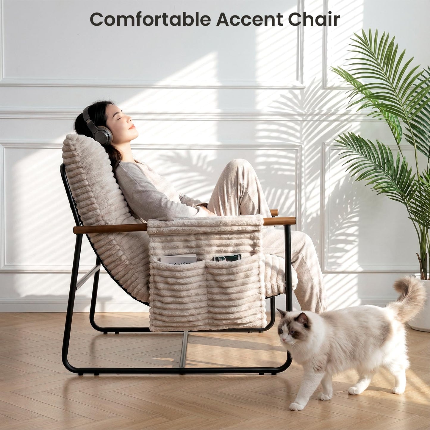 Comfy Accent Chair Modern Living Room Chair Cozy Lounge Chairs Oversized Armchair With Wood Armrests Sturdy Metal Frame Upholstered Reading Chair Soft Cushion sofa Chairs For Bedroom Balcony Porch