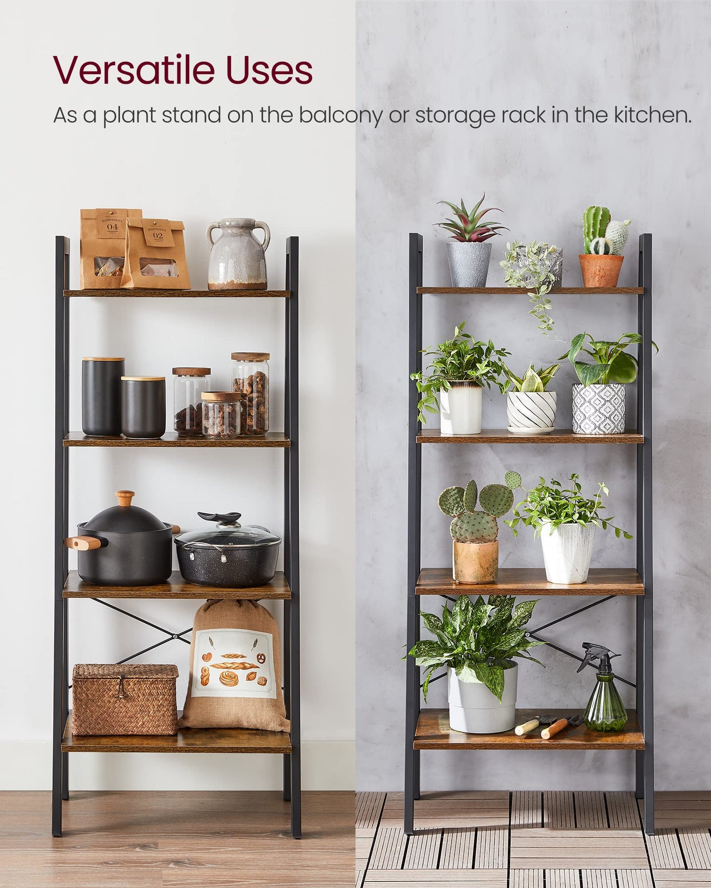 VASAGLE Ladder Shelf, 4-Tier Bookshelf, Storage Rack, Bookcase with Steel Frame, for Living Room, Home Office, Kitchen, Bedroom, Industrial Style, Rustic Brown and Ink Black ULLS44X