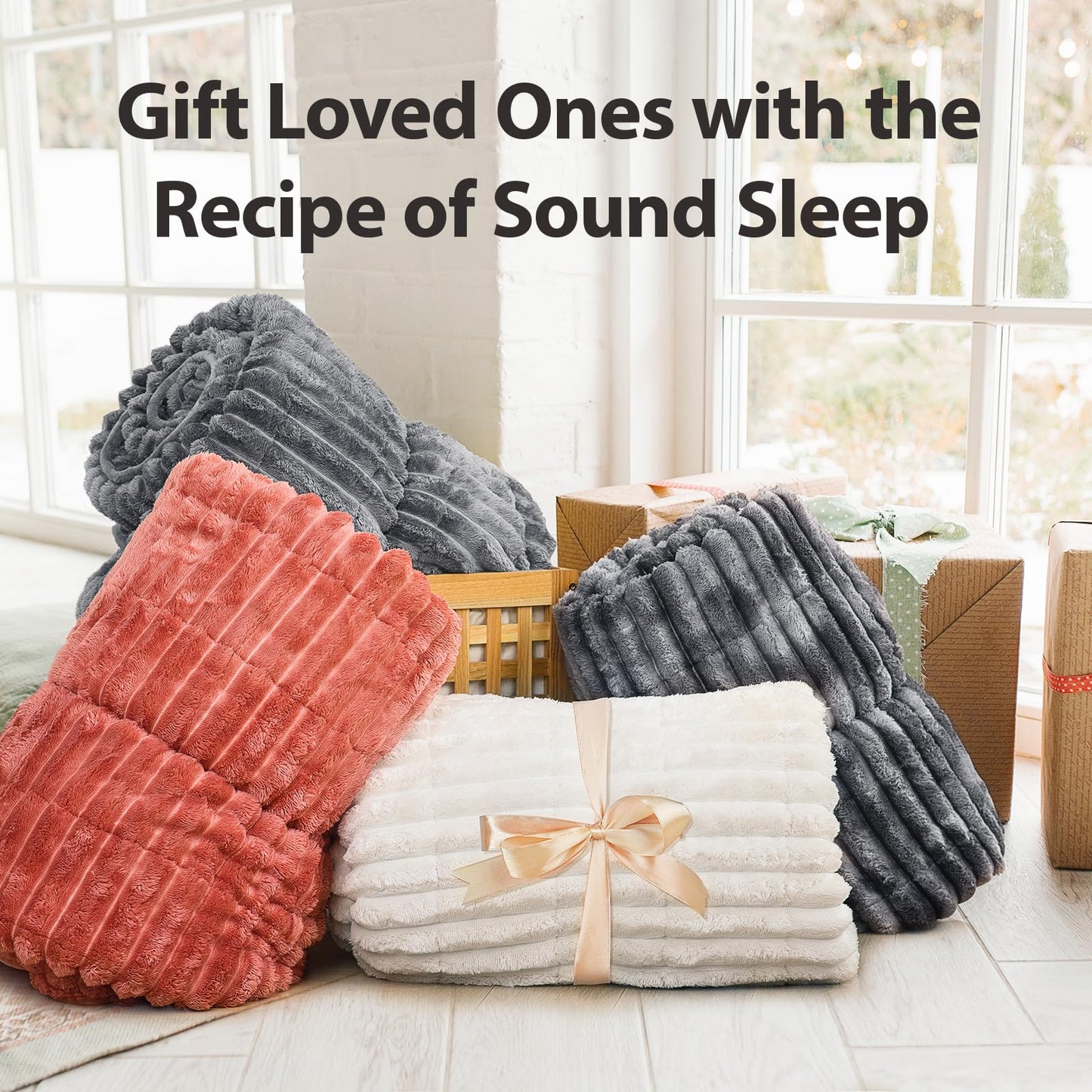 UINIU Sherpa Fleece Weighted Blanket with 3D Ribbed Stripes, 15 lbs Soft Flannel Heavy Throw Blanket for Couch Bed Sofa, Heavy Thick Blankets with Glass Beads, Great for Sleep, 48" x 72"