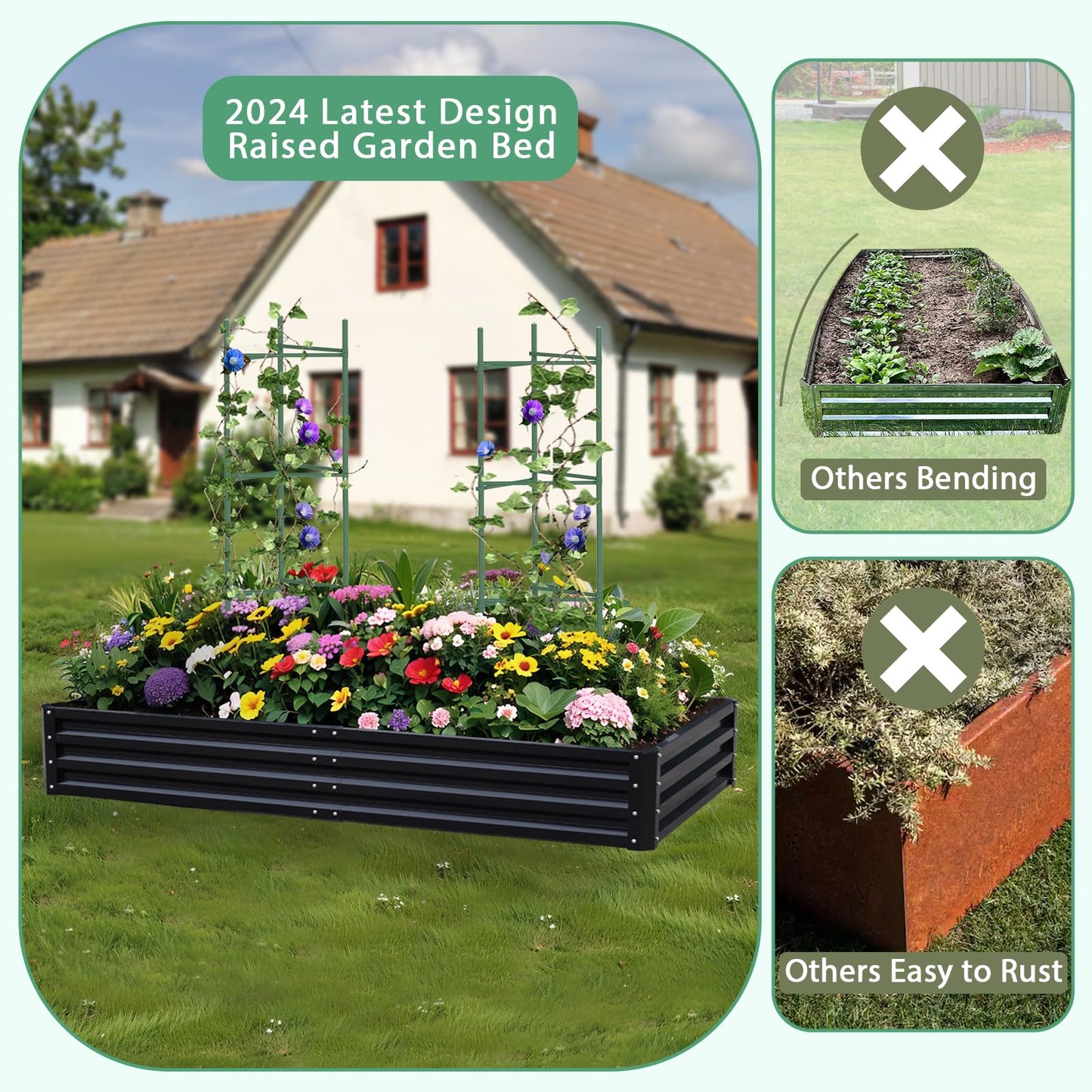 PICNICNI Metal Raised Garden Bed 8x4x1Ft Outdoor Large Metal Galvanized Planter Boxes Kit for Vegetables, Flowers, and Herbs,Garden Beds with 2Pcs Tomato Cage 1Pc Gloves,Black