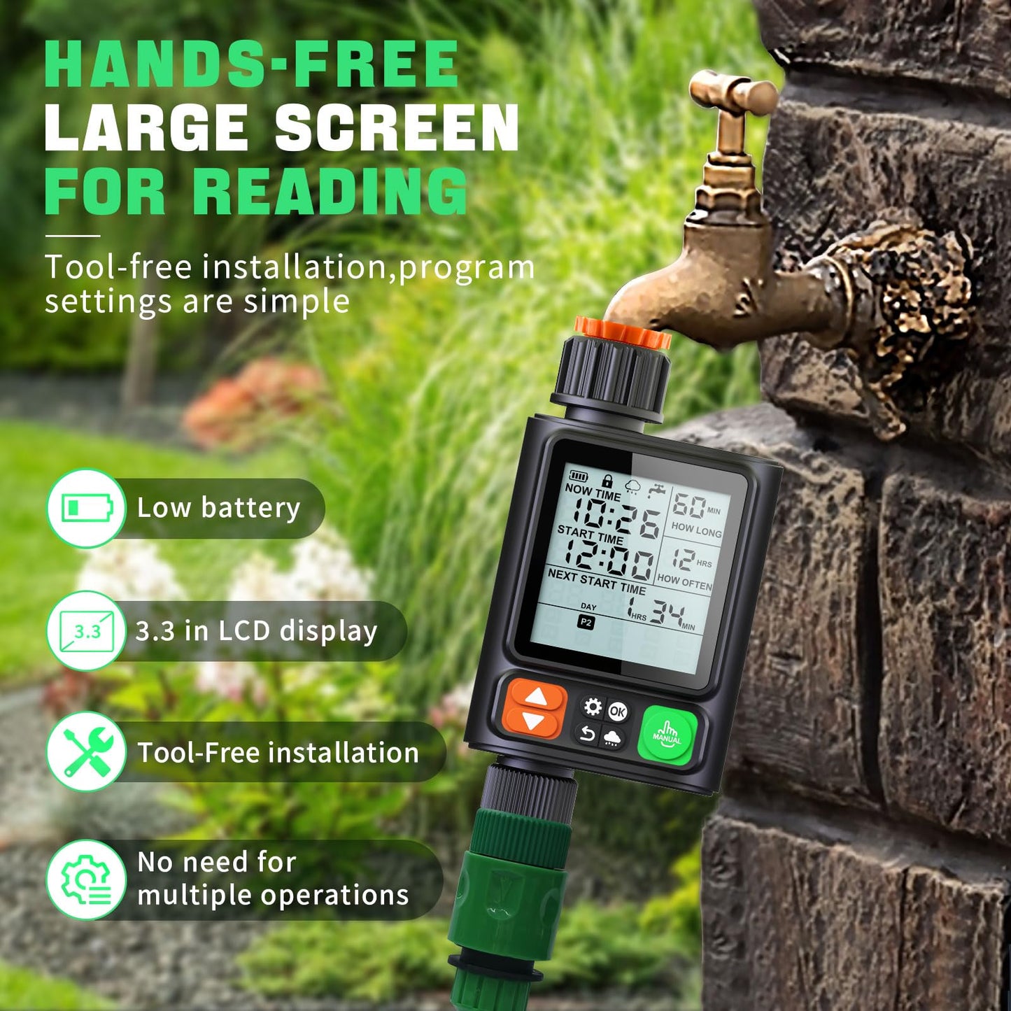 Sprinkler Timer for Garden Hose, Upgrade 10 Program Water Timer with Auto Rain Delay, IP54 Waterproof 3.3“ Large LCD Drip Irrigation System Timers for Plant, Yard, Lawns, Outdoor
