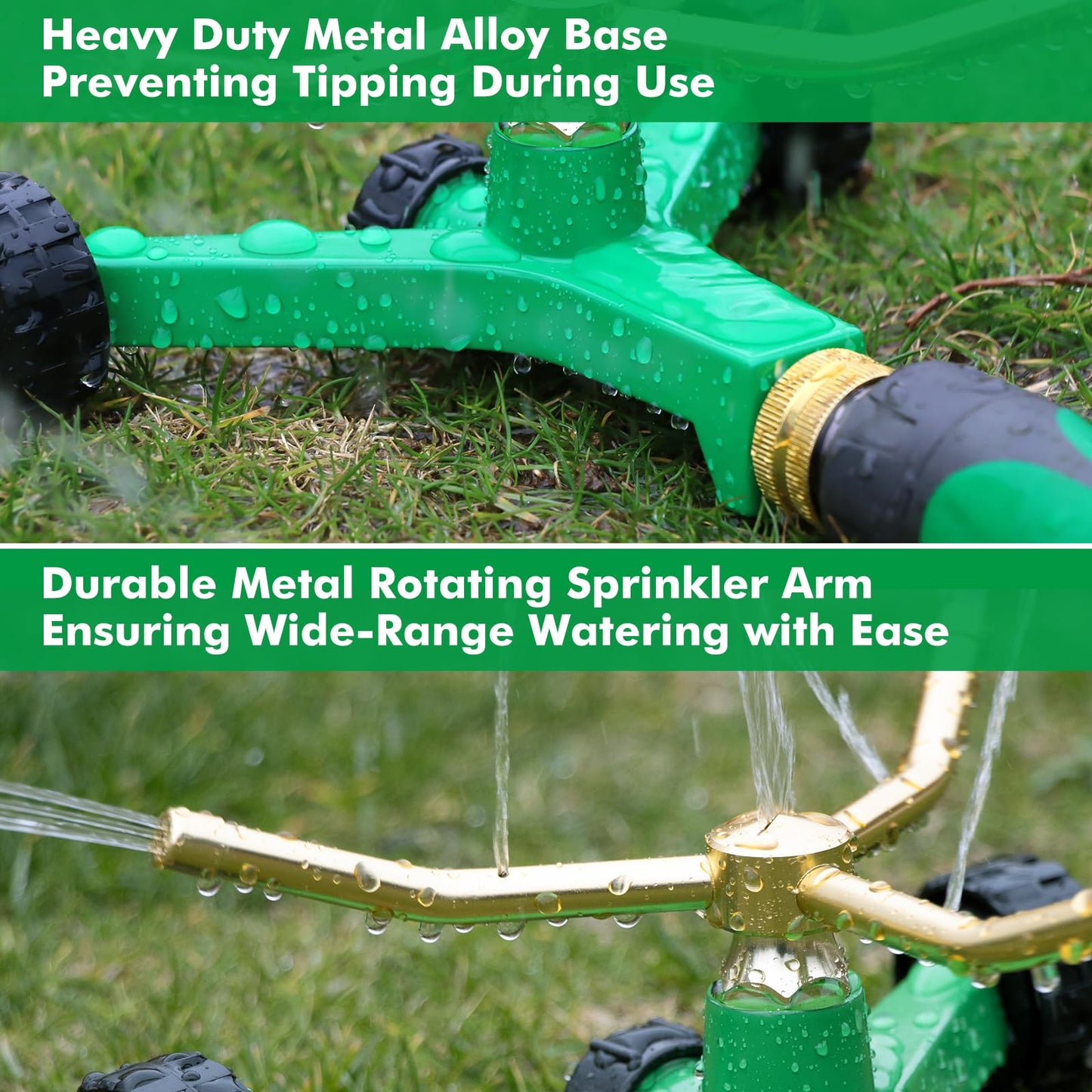 [2 Pack] RESTMO 3-Arm Metal Sprinkler with Wheel Base, 360 Degree Automatic Rotary Lawn Sprinkler System for Garden Plant, Flower Bed and Yard Watering and Large Yard Area Watering