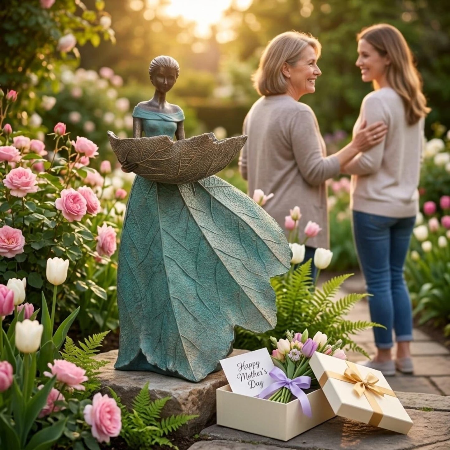 DiliComing Fairy Garden Statues Bird Feeder - 12 Inch Resin Fairy Statue for Outdoor Garden Decor, Outdoor Statues for Patio Yard Flower Beds, Gifts for Women (Green)