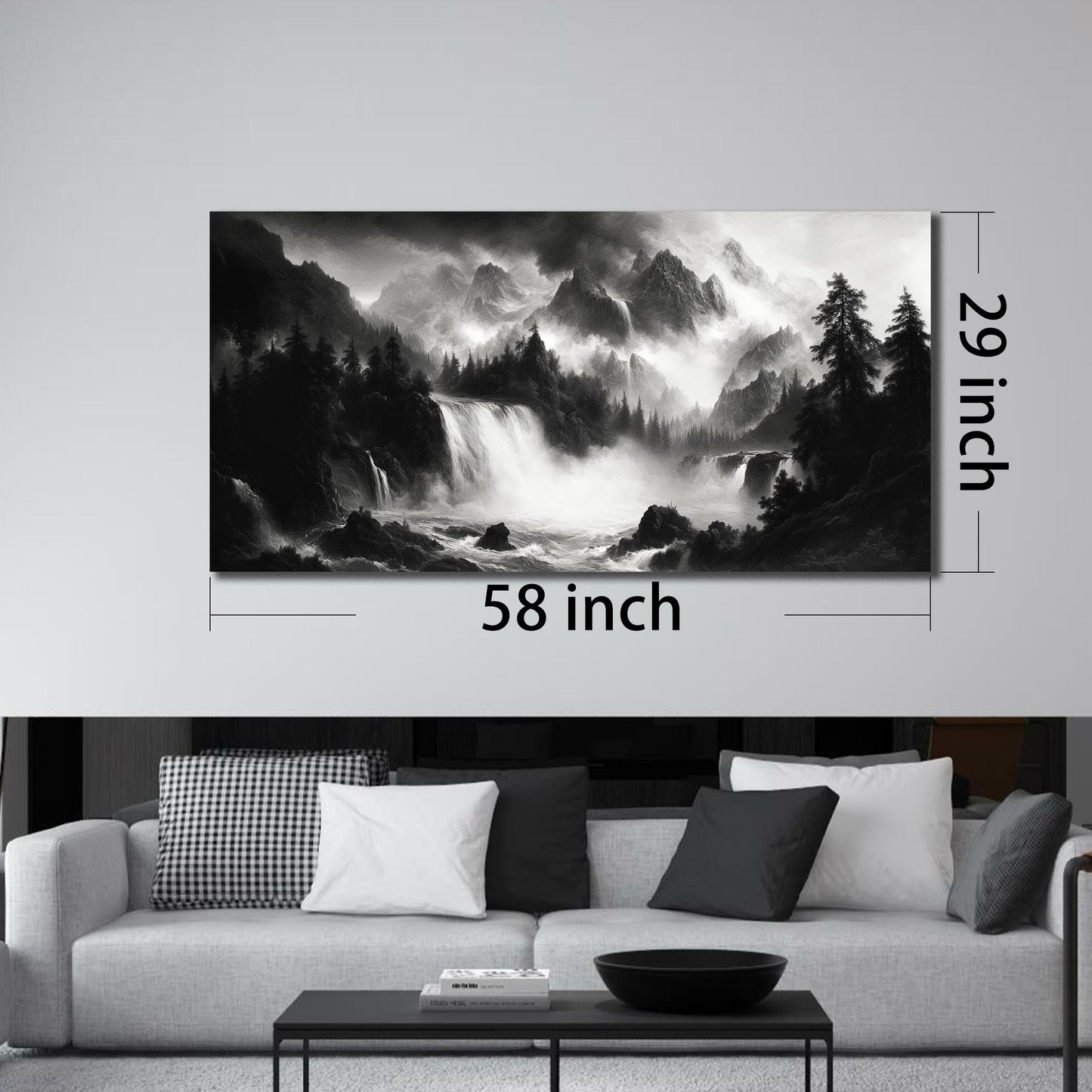 CPKATMT Natural Landscape Wall Decor for Living Room Black and White Mountain Wall Art for Office Large Waterfall Wall Art for Bedroom 29 x 58 Inch