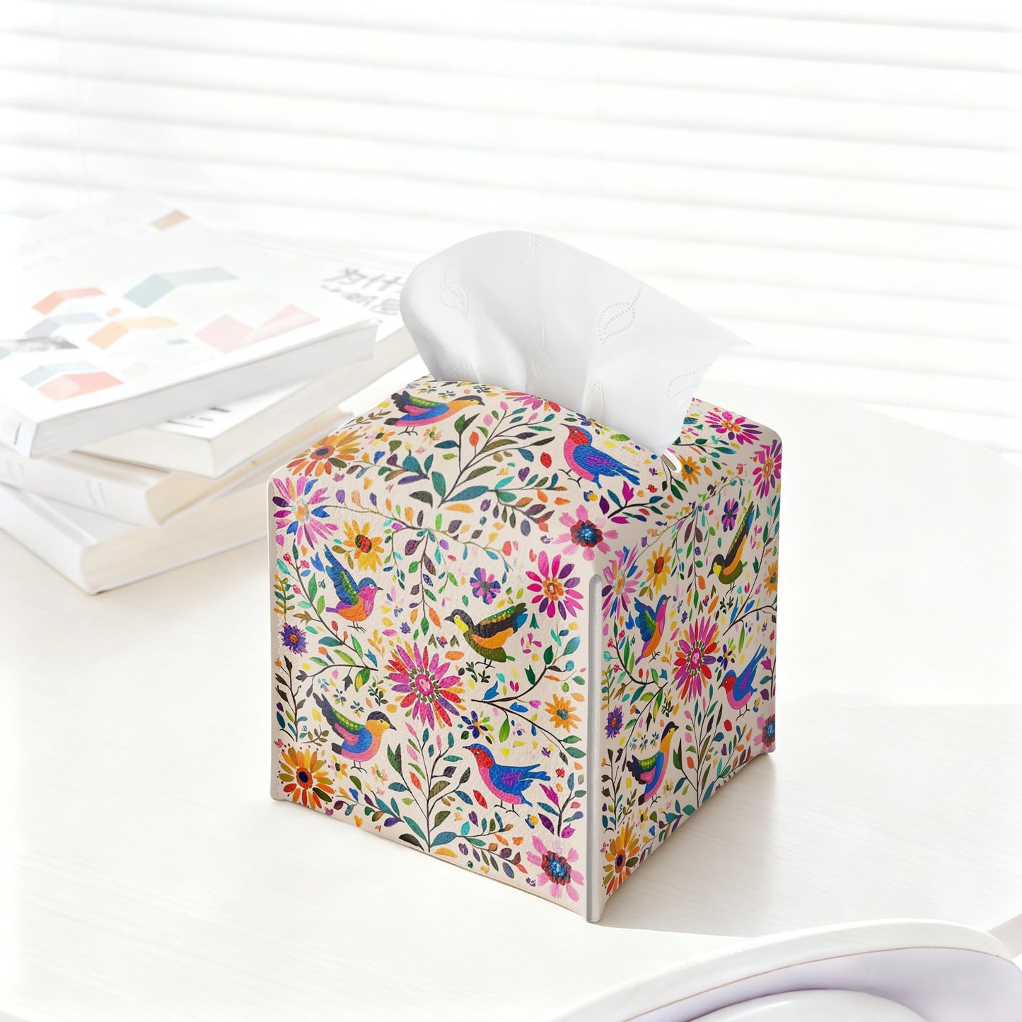 Floral Bird Tissue Box Holder, Scandinavian Leather Tissue Box Cover Square with Bottom Belt, Paper Napkins Everyday Dispenser for Bathroom Night Stands Kitchen Office Car Home Decor