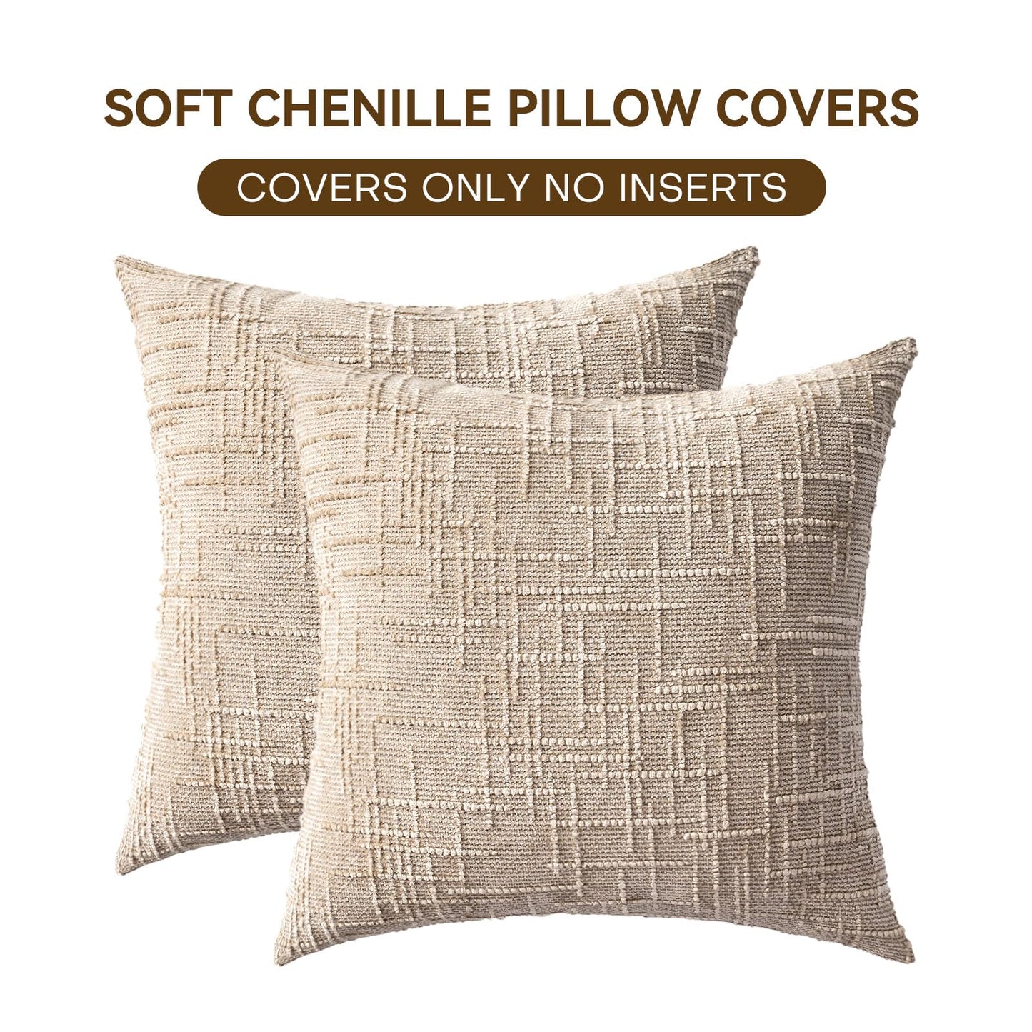 ZSkogur Decorative Throw Pillow Covers 18x18 Inch Set of 2, Soft Solid Farmhouse Chenille Couch Pillows, Spring Pillow Covers for Couch Sofa Bed Living Room Home Decor Pillowcase, Light Khaki