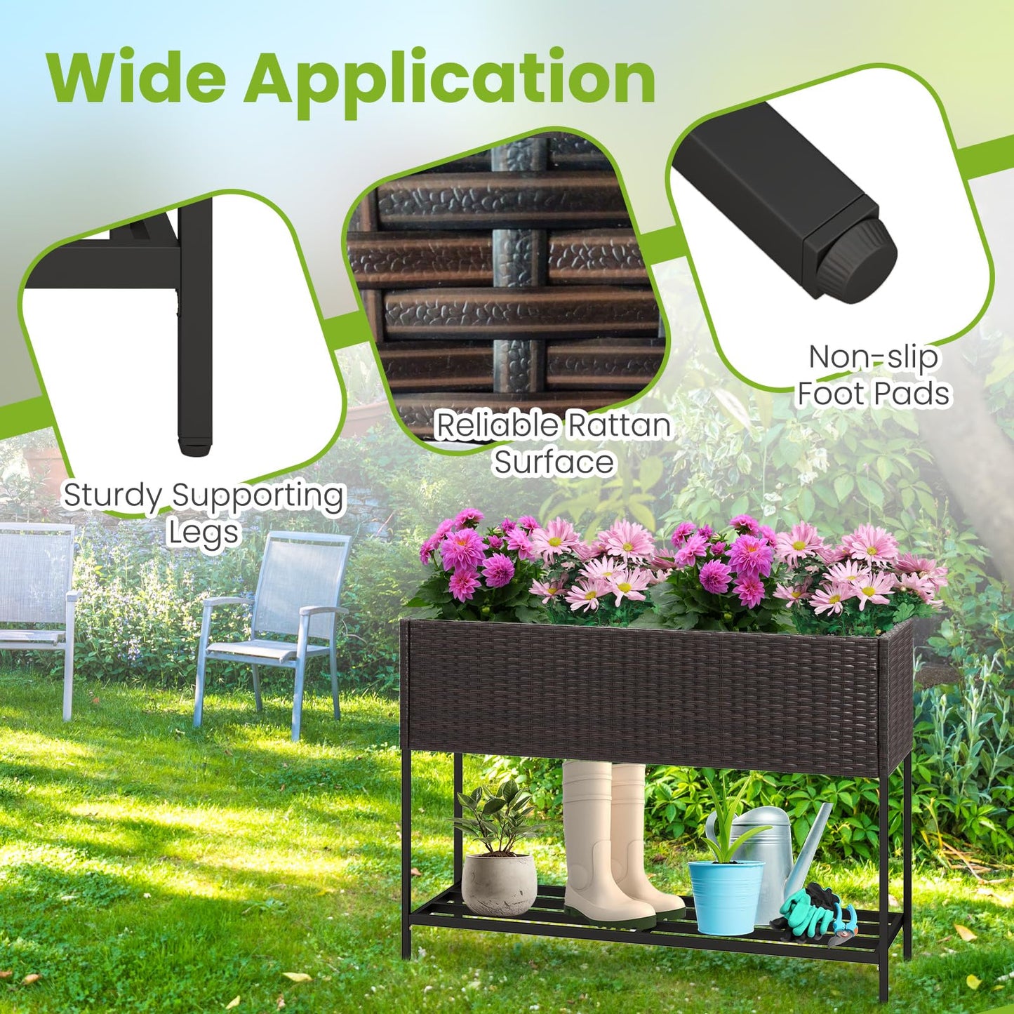 HAPPYGRILL Raised Garden Bed, Rattan Planter Raised Bed with Legs, Bottom Storage Shelf, Removable Liner, Drainage System, Wicker Elevated Planter Box w/Legs for Vegetables Flowers (40” x 12” x 28”)
