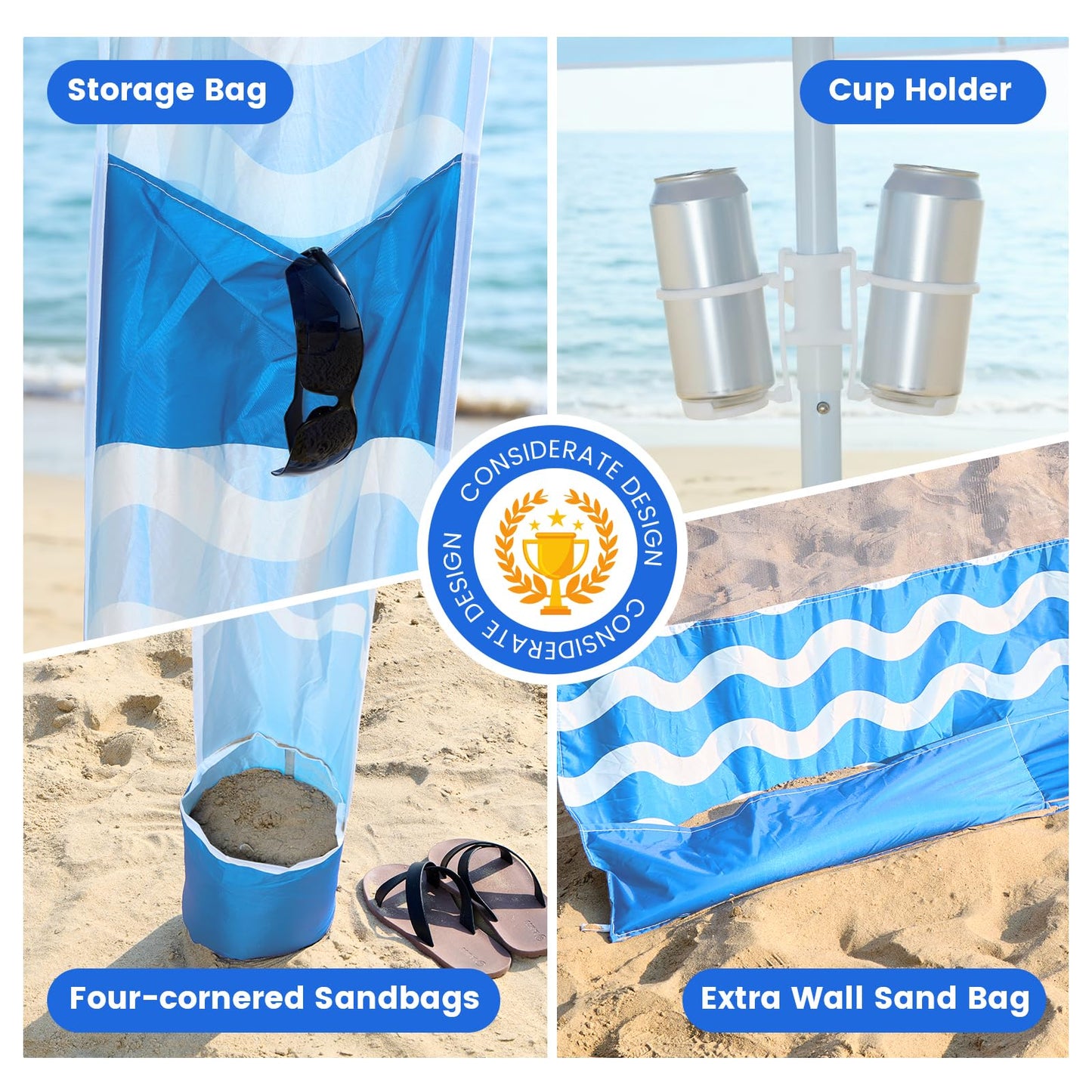 Zeraty Beach Cabana 8'×8', Portable Beach Canopy Easy Pop Up, Beach Tent Sun Shelter with Side Wall, Beach Umbrella Tent with Silver‑Coated Fabric for Family, Wind Resistant