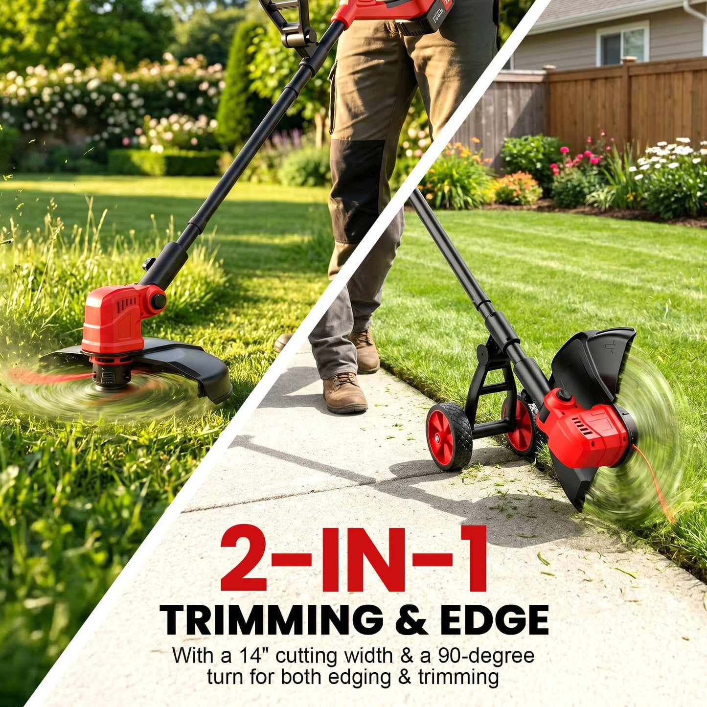 14" Weed Wacker 21V Cordless String Trimmer & Edger, Battery Powered Grass Trimmer with Auto Line Feed, 8 Replacement Spools & 2×3.0Ah Batteries Included