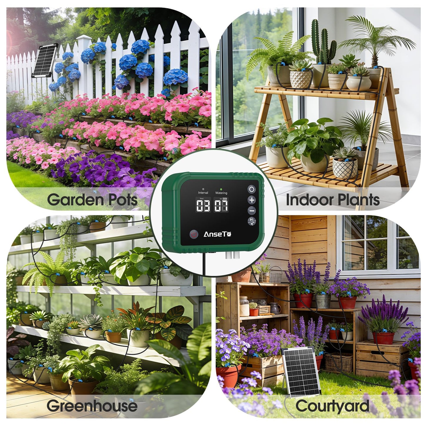 AnseTo 8W Solar Drip Irrigation System for Gardens, DIY Automatic Drip Kit, Supports Watering 30 Pots, Includes 35m Drip Hose and 30 Emitters Suitable for Gardens/Greenhouses/Outdoor Irrigation Timer