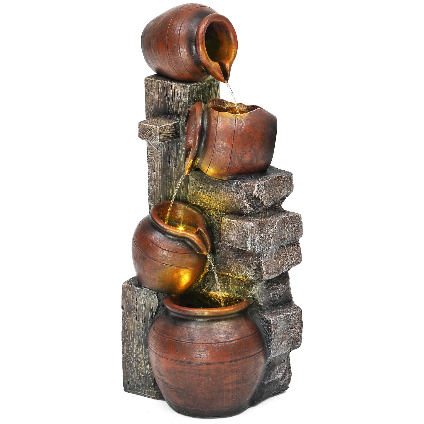 Autodaya 31.5" H Outdoor Water Fountain with LED Lights and Pump, Cascading Pitchers Farmhouse Garden Fountain Waterfall for Patio, Porch, or Yard