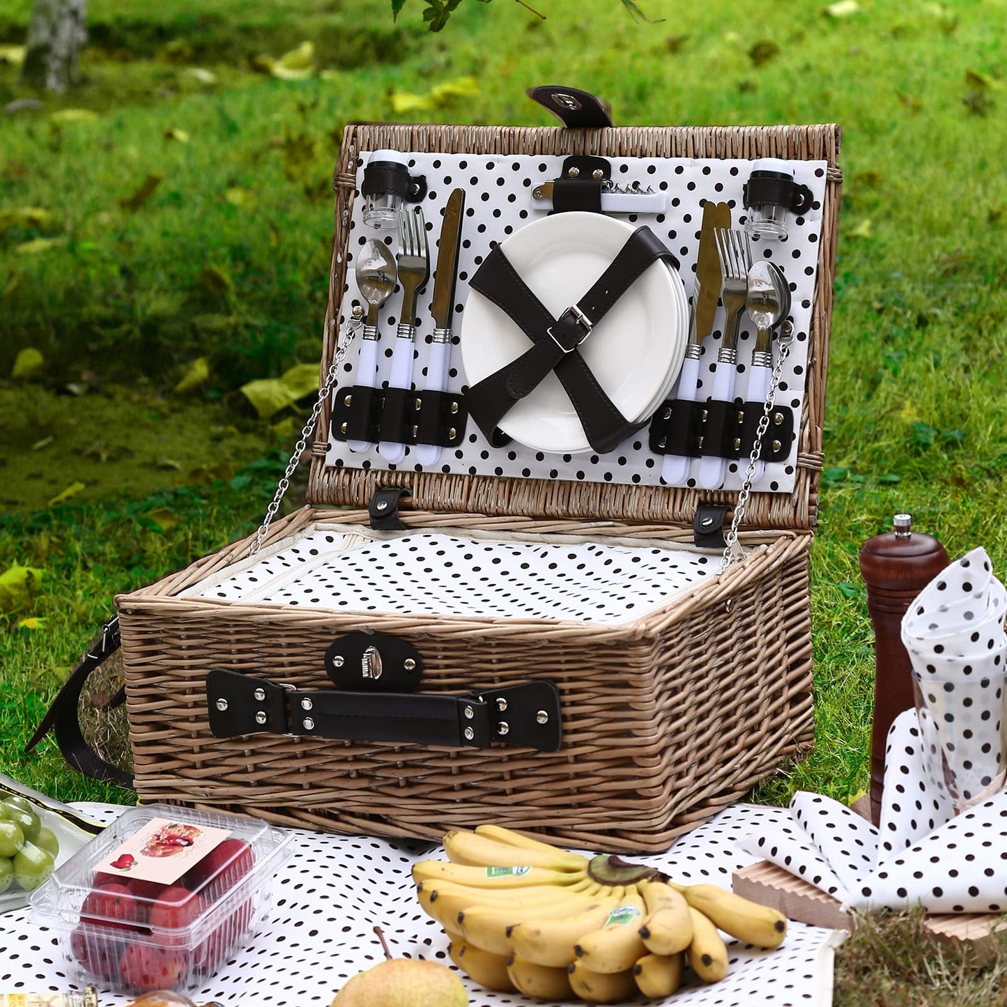 HYBDAMAI Picnic Basket for 4 Persons with Waterproof Picnic Blanket and Insulated Cooler, Large Wicker Picnic Basket for Camping, Outdoors, Valentine's Day, Christmas, Birthday, Wedding Gift