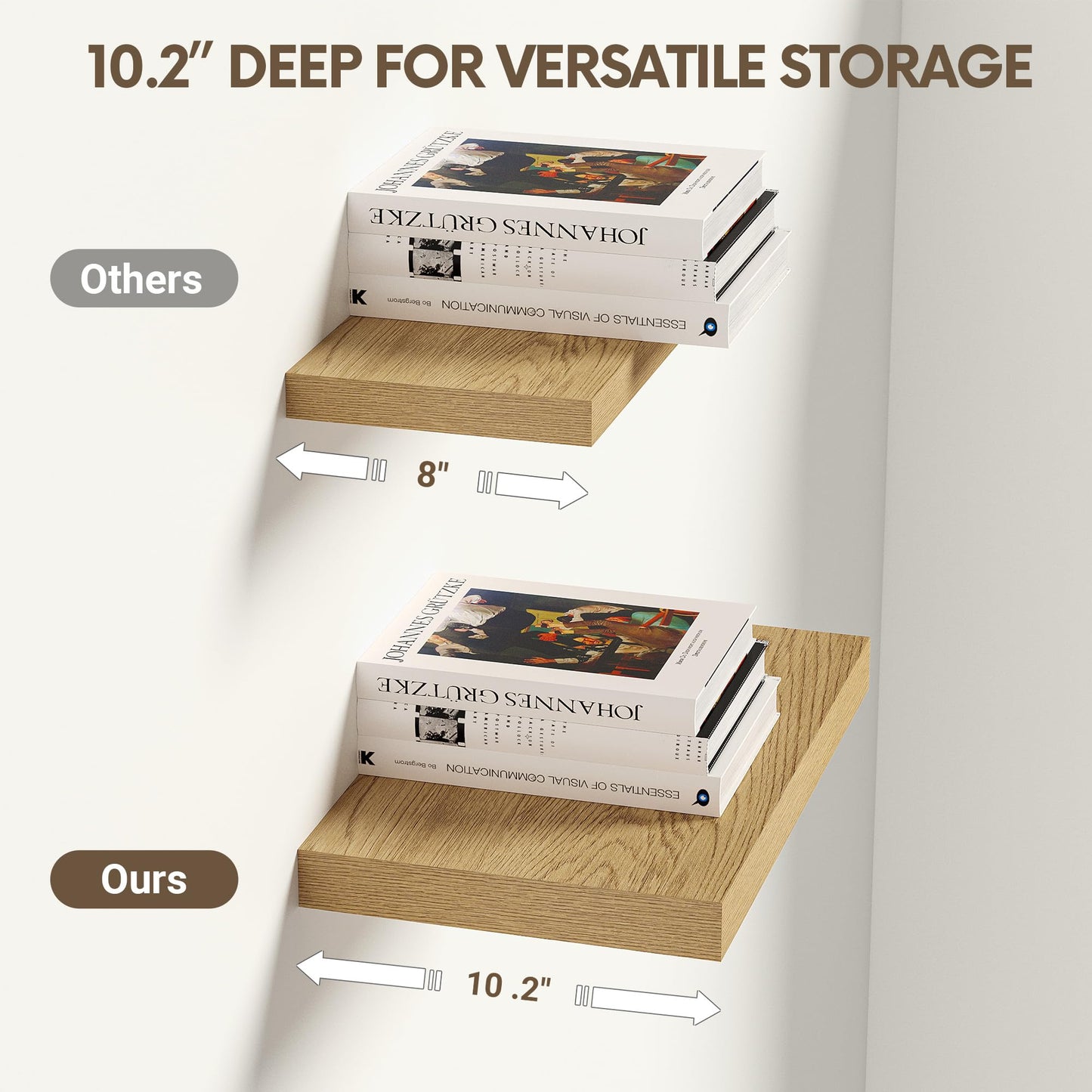 Vivelove 10" Deep Floating Shelves Over Toilet, 10.2" Wall Shelves for Bathroom Bedroom Kitchen Living Room Laundry Room, Modern Rustic Shelves for Home Decor, 10.2"x10.2"x1.5", Set of 2, Oak