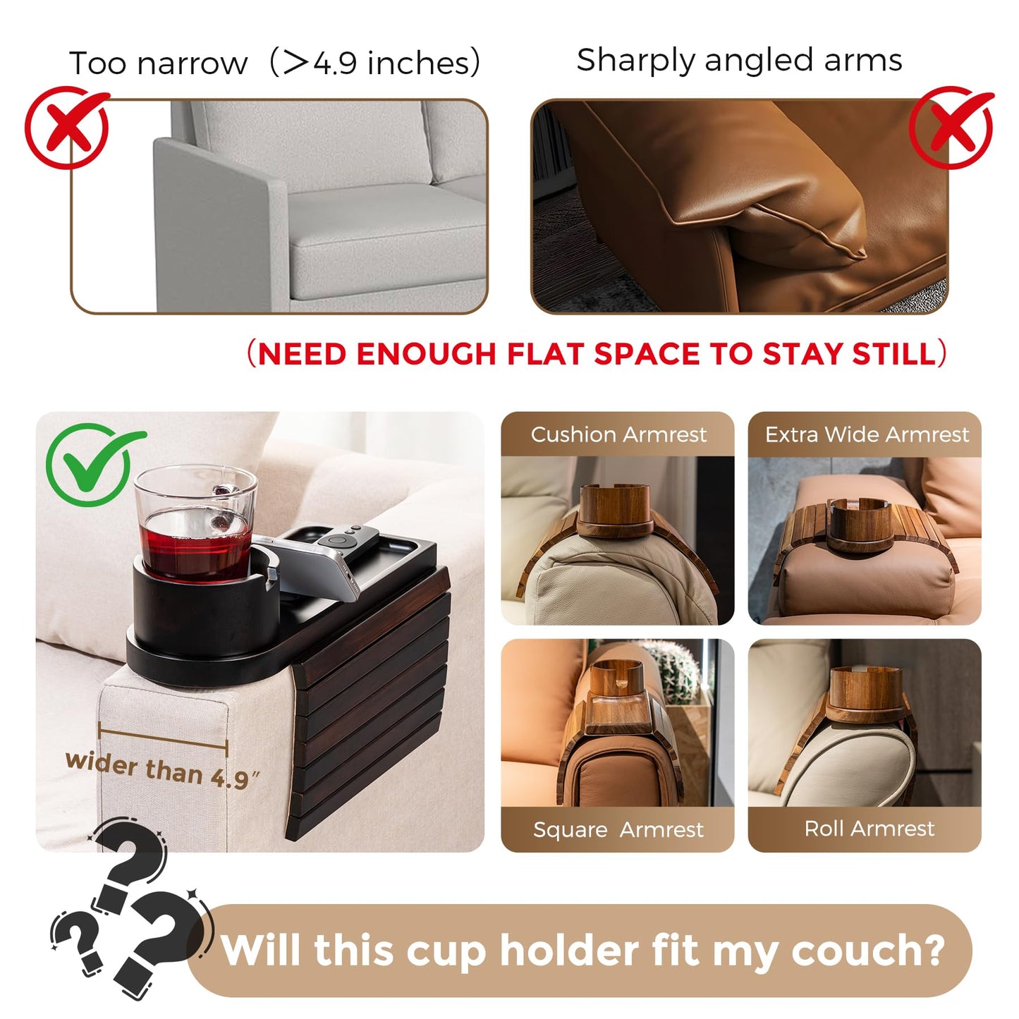 Couch Cup Holder for Armrests Over 4.9" Wide, Bamboo Couch Arm Tray with 360° Rotating Phone Stand, 3 in 1 Foldable Sofa Arm Tray Table for Remote, Snacks, Phone, Drinks Walnut
