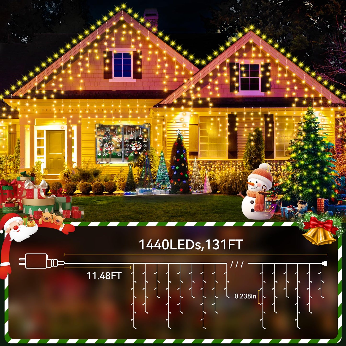 JREWDOIN 131FT Christmas Lights Outdoor 1440 LED Christmas Decorations Waterproof Plug in with 8 Modes & Timer Christmas Lights for Roof Party Garden Holiday Decor（Warm White）