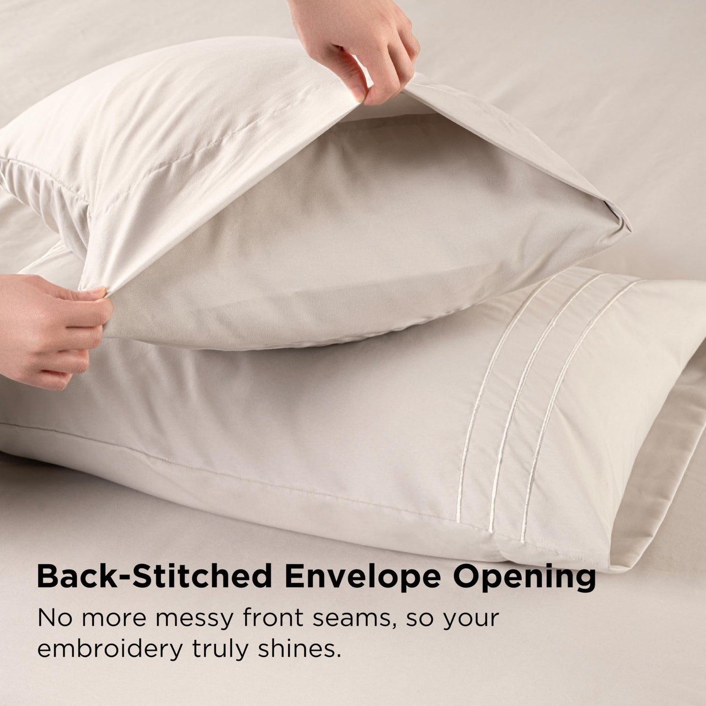 Baskbed Queen Size 4 Piece Sheet Set with Embroidered Pillowcases, Ultra-Soft Microfiber Comfy Breathable & Cooling Bed Sheets, Deep Pocket Fitted Sheets and Hotel Luxury Cozy Flat Sheets, Beige