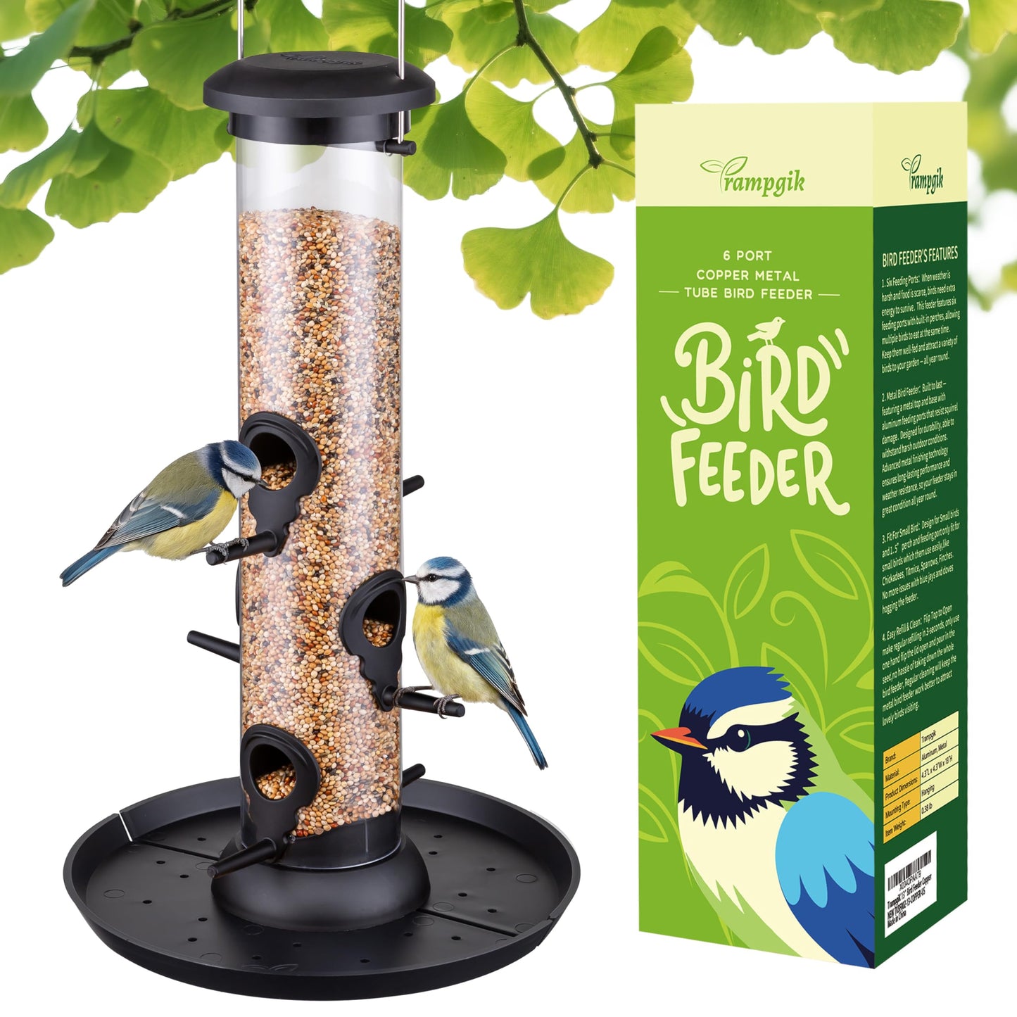 Trampgik Bird Feeders for Outdoors Seed Catcher,6 Port Wild Bird Feeders with Tray,Bird Feeders for Outside Hanging for Cardinal 13 Inch,Black,Pack of 1