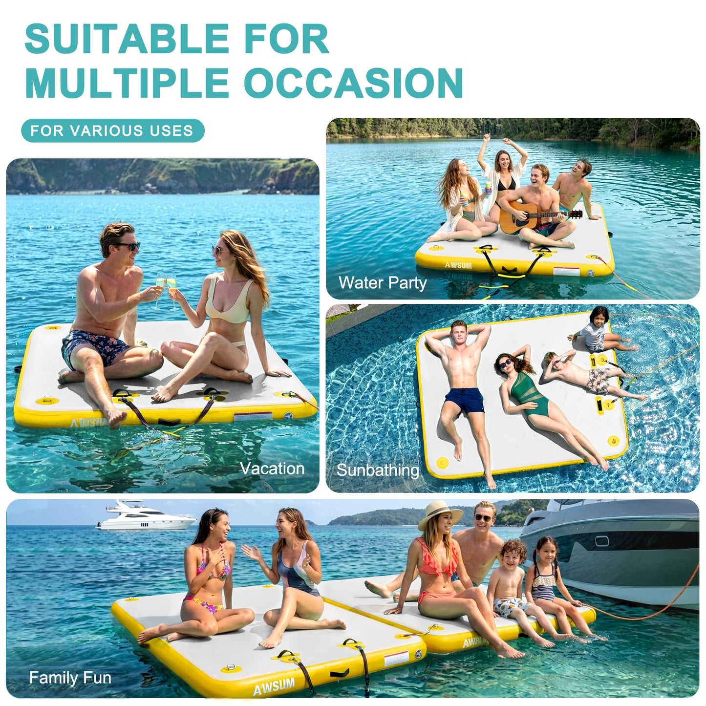 AWSUM 8ft x 6ft Inflatable Floating Dock Lake Floats for Adults Water Mat Platform Non-Slip Floating Island Raft for Pool Beach Ocean