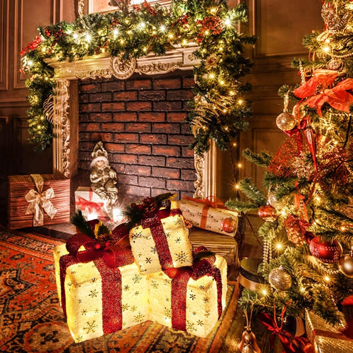 Set of 3 Christmas Lighted Gift Boxes, Pre-lit 60LED Light Up Present Boxes Ornament Outdoor, Boxes with Gold Snowflake, Battery Operated Christmas Decorations for Indoor Home, Party, Lawn Decor