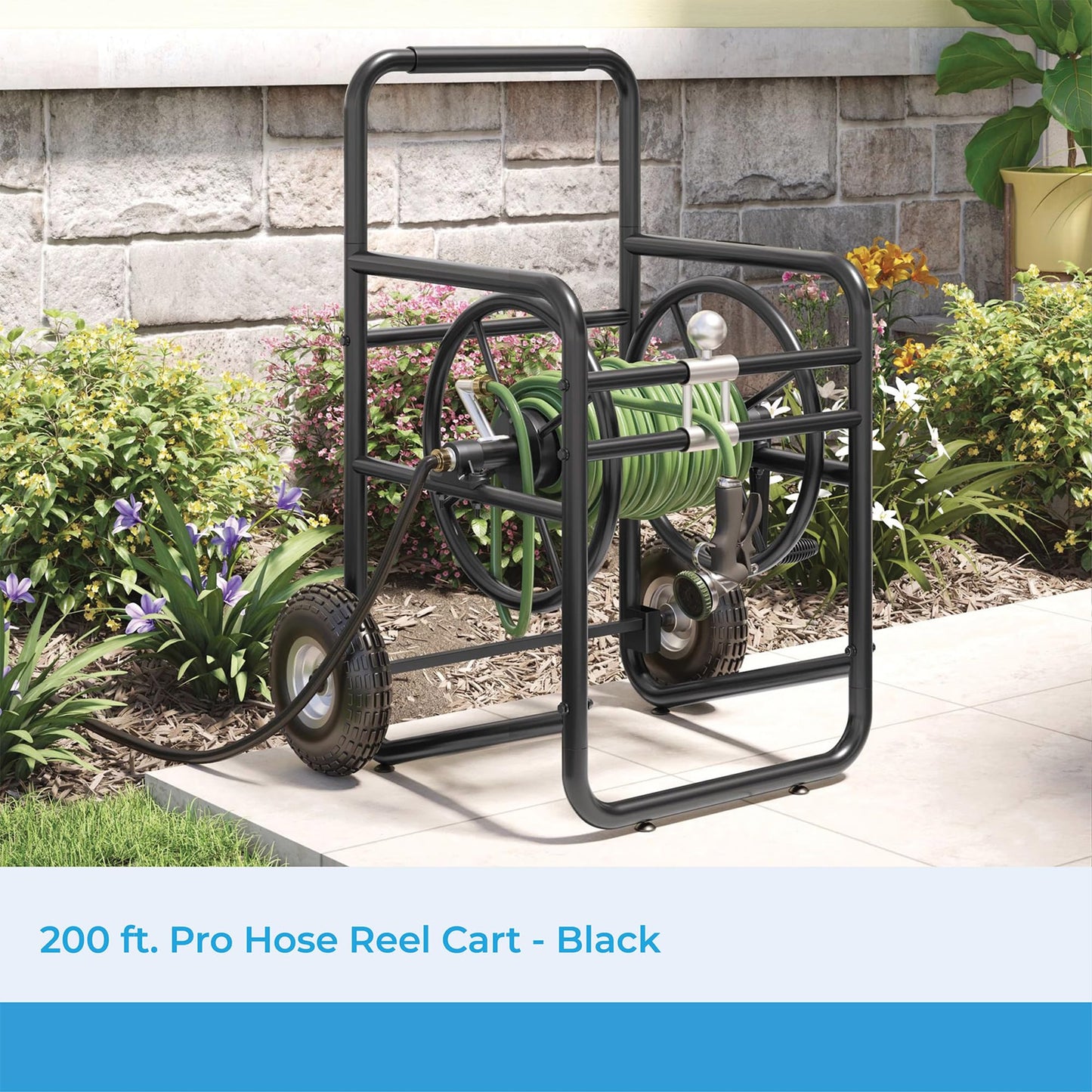 Suncast 200' Pro Hose Reel Cart with Flat-Free Rubber Tires, Outdoor Weather-Resistant Steel Garden Hose Reel Cart, 200' of 5/8" Hose Capacity, Made in the USA