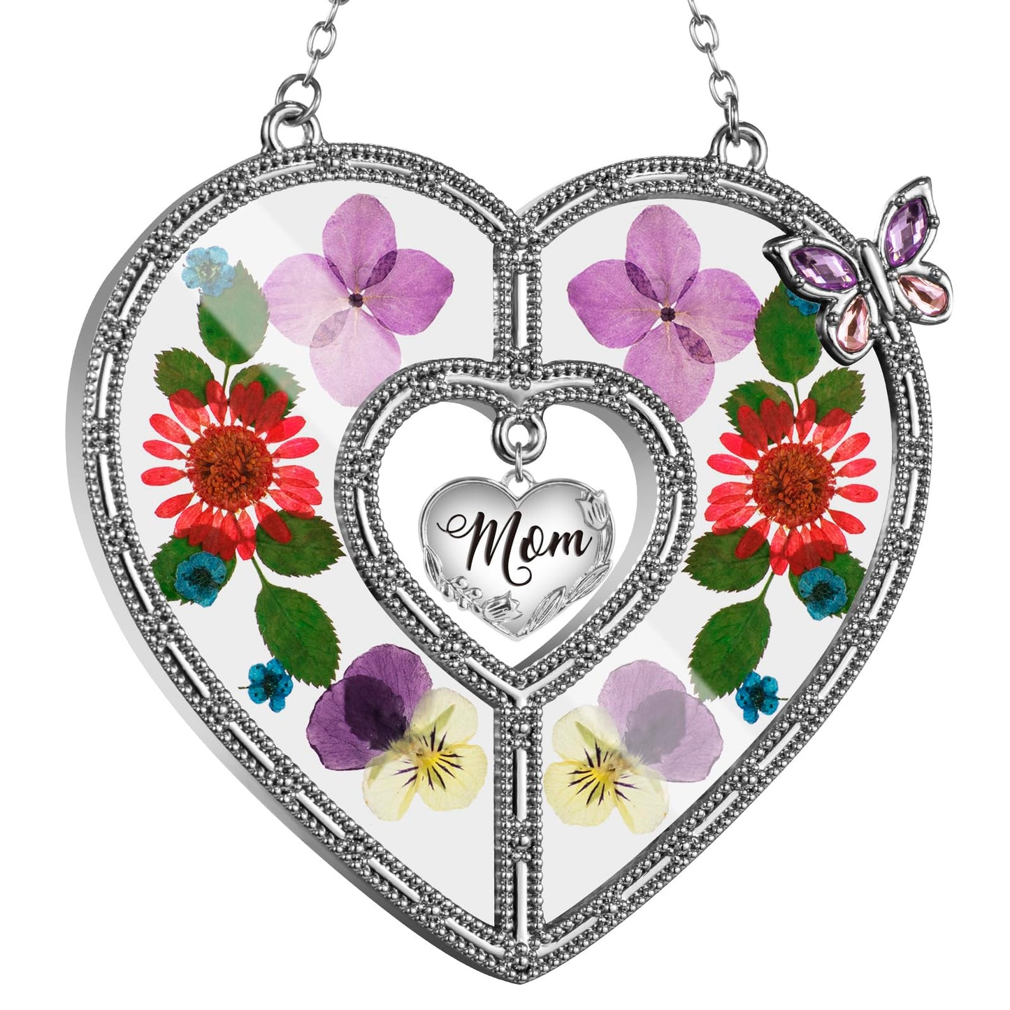West style Heart Suncatcher Wind Chime with Butterfly Wing Pressed Real Flower Gifts for Mom, Stained Glass with Hook and Heart Hang Tag, Birthday for Mother Grandmother (Mom)