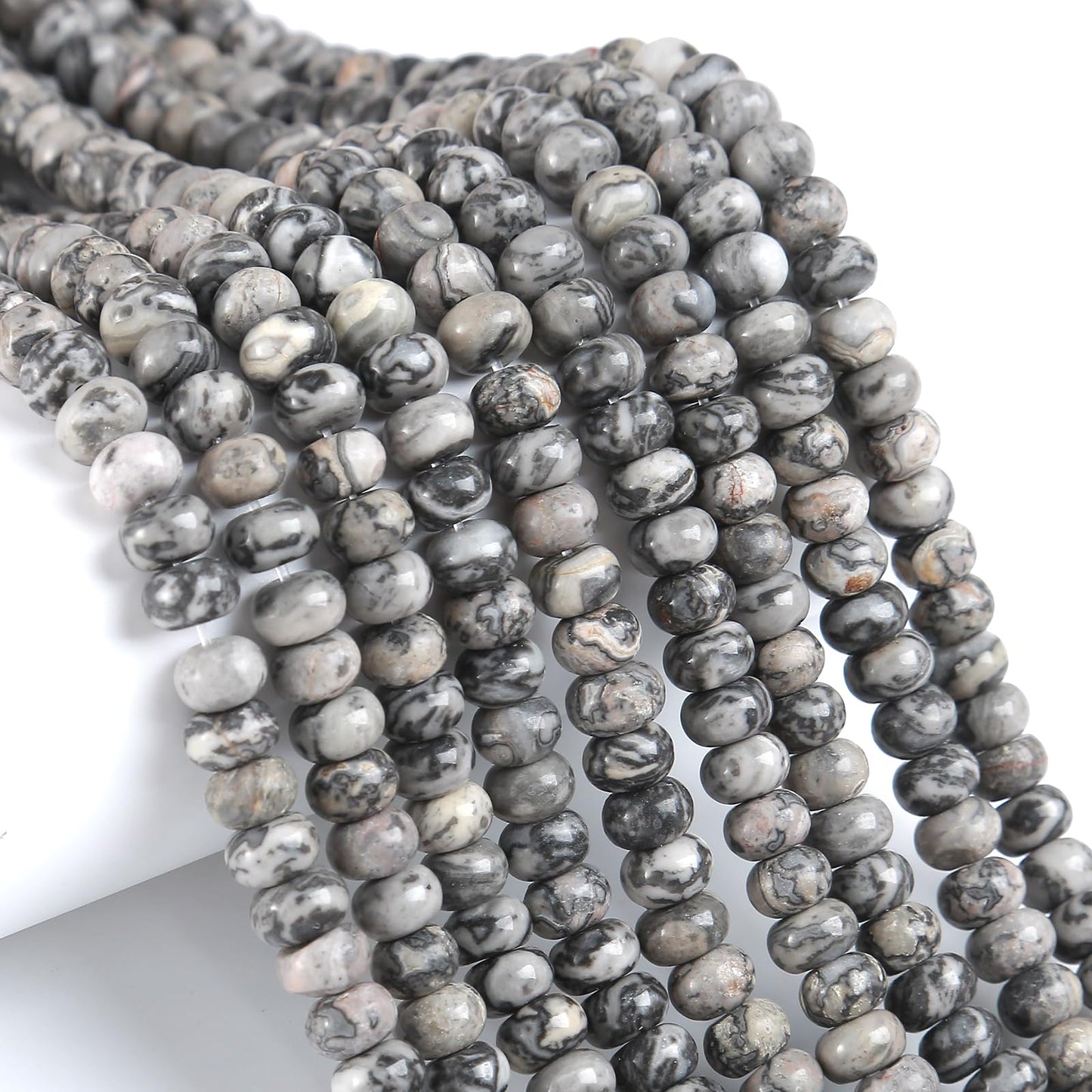 76pcs 5x8mm Natural Stone Gray Map Jasper Rondelle Spacer Loose Beads Abacus Disk Stone Round Loose Gemstone Beads for Jewelry Making DIY Bracelet Necklace