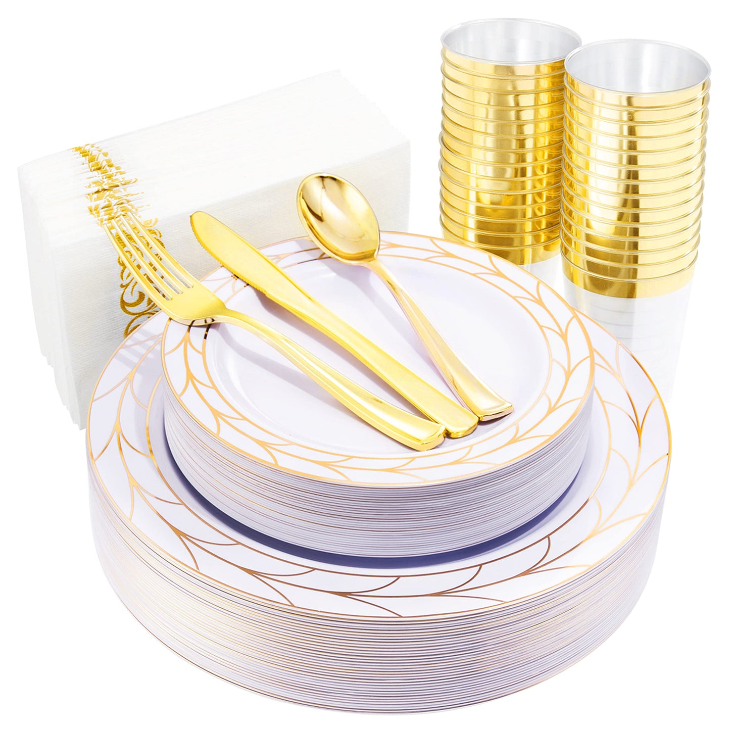 COLOSUS 175pcs Disposable Gold Plastic Plates and Silverware set Include Plastic Dinner Plate/Dessert Plate/Gold Silverware/Cup/Napkins 25pcs of each, New Year Dinnerware Set for 25guests.