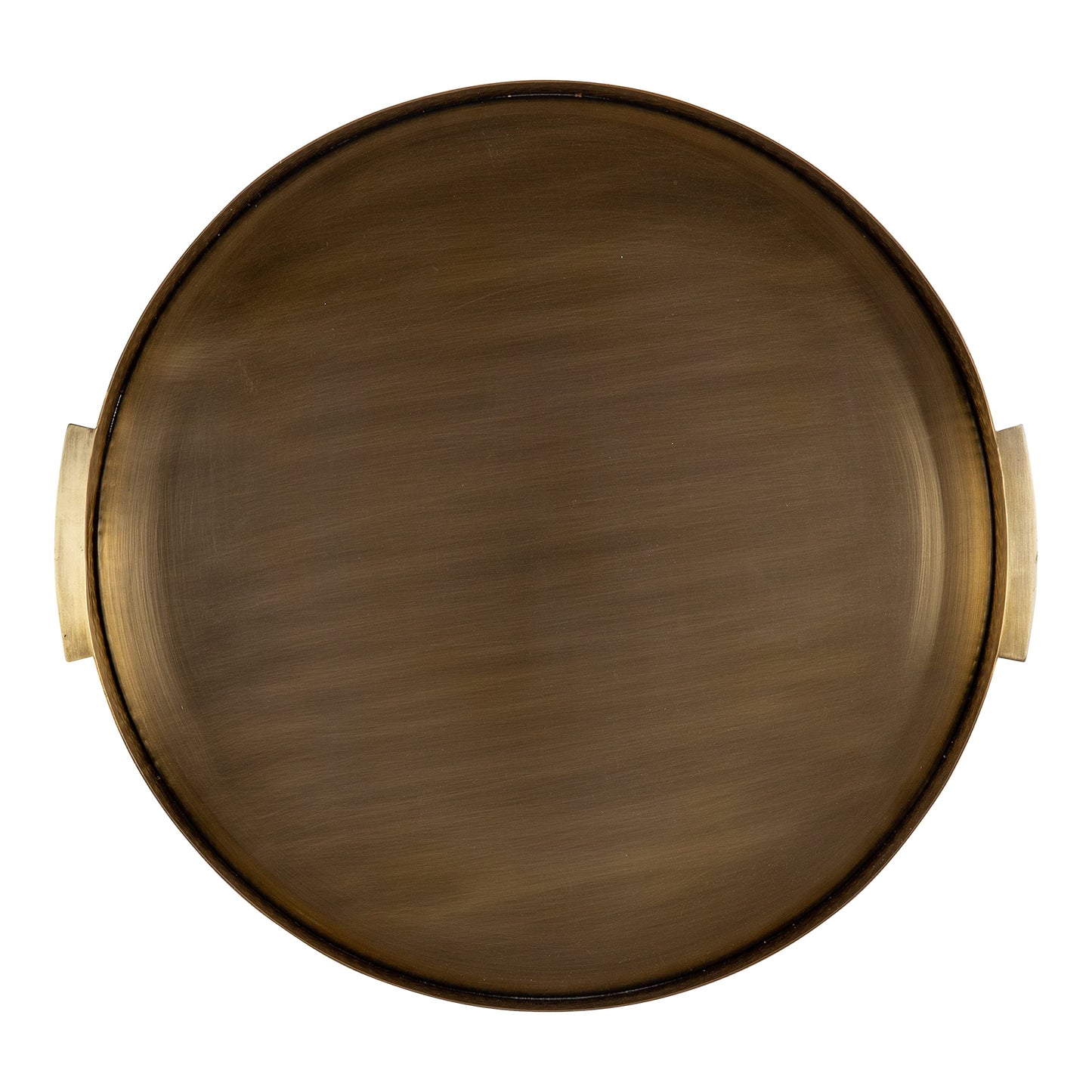 Kate and Laurel Samana Modern Glam Round Metal Tray; 17 Inch Diameter; Antique Brass; Circular Polished Decorative Tray with Hammered Surface and Minimalist Handles
