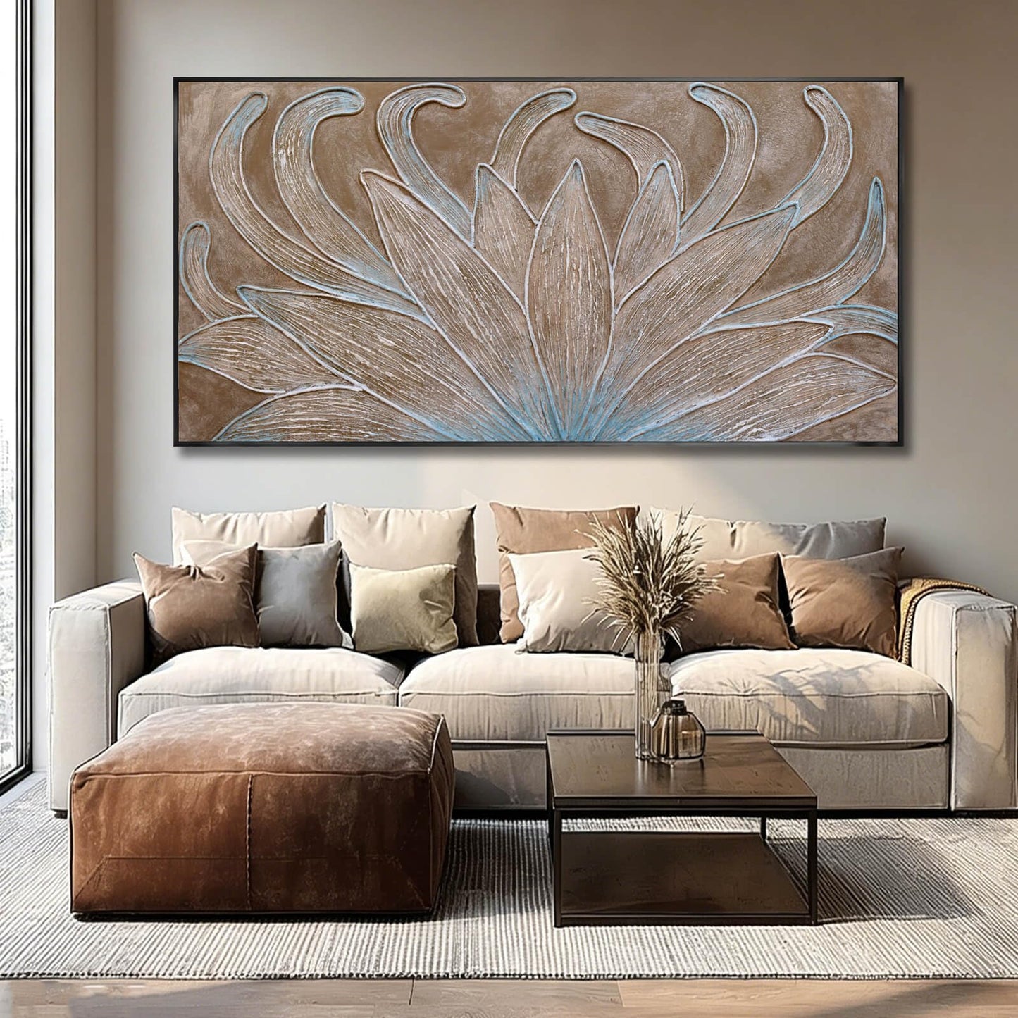 Brown Oil Painting Wall Art Botanical Neutral Floral Flowers Framed Wall Decor Abstract Canvas Pictures Large Artwork for Bedroom Office 29x58 In